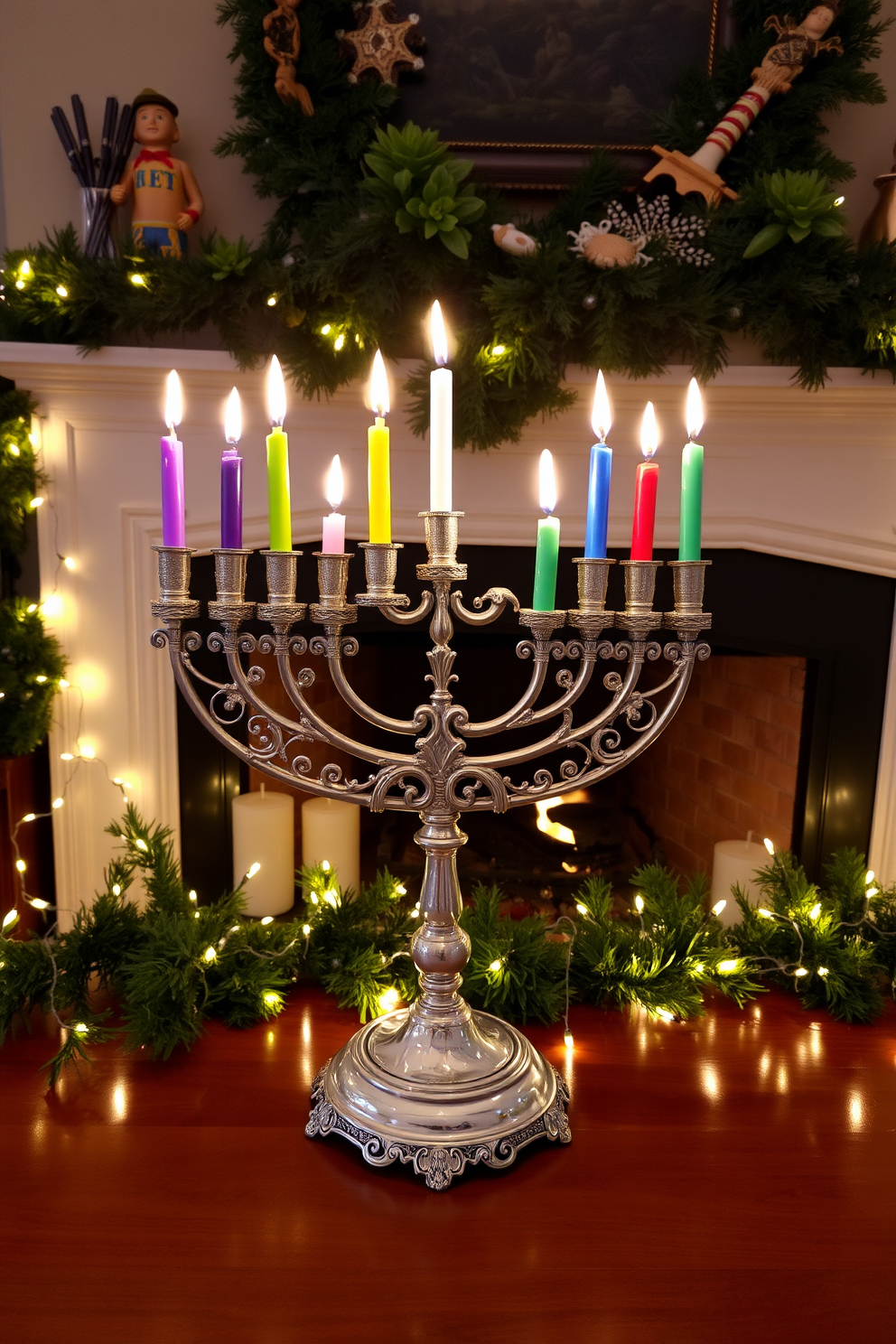 Artistic menorah centerpiece on display. The menorah is crafted from polished silver with intricate designs and is adorned with colorful candles that are lit for the celebration. A cozy fireplace serves as the backdrop for the festive atmosphere. Surrounding the fireplace are decorative elements such as garlands of greenery and twinkling fairy lights, creating a warm and inviting ambiance for Hanukkah.