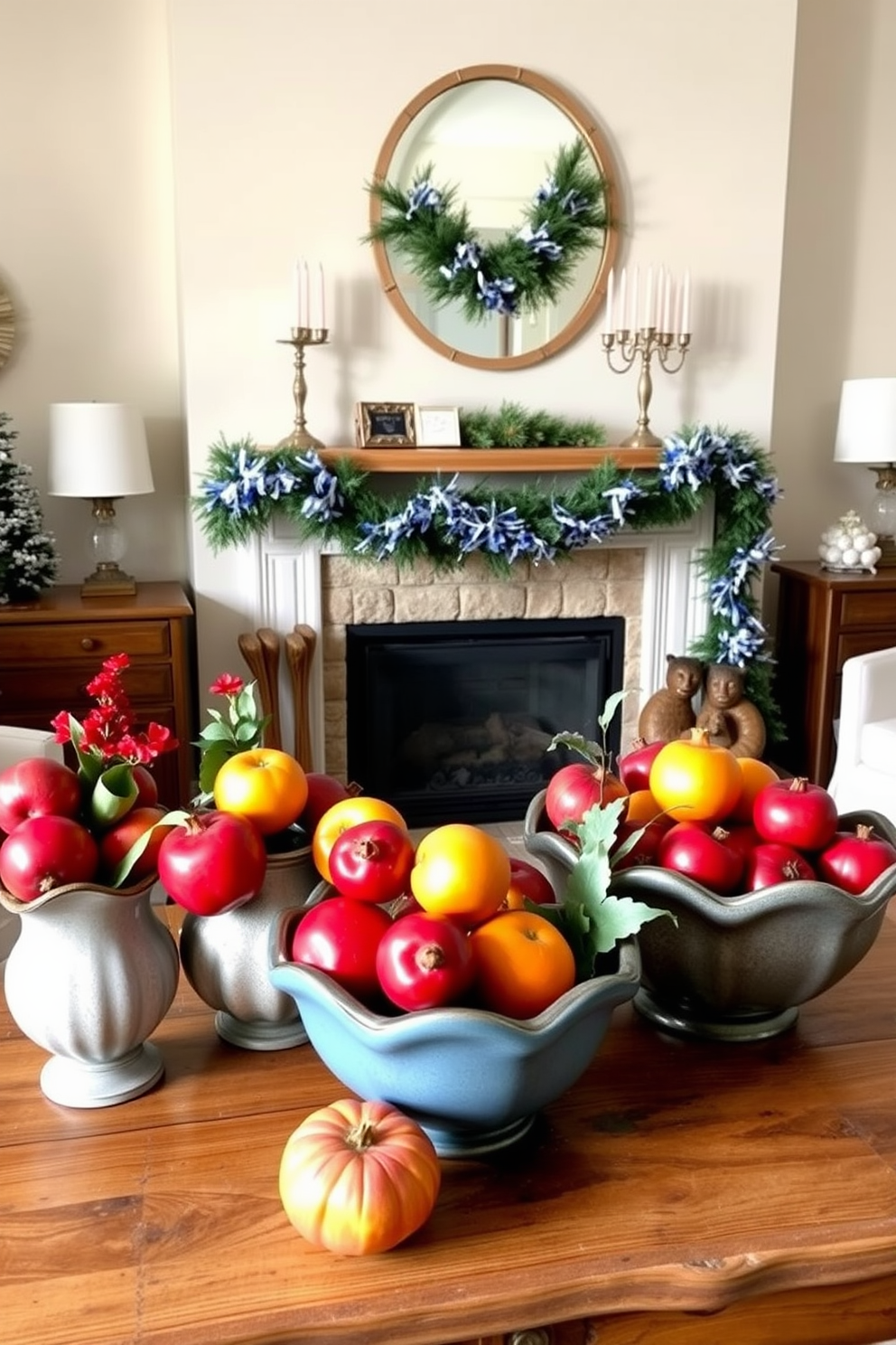 A collection of decorative bowls filled with vibrant seasonal fruits is arranged on a rustic wooden table. The bowls vary in size and color, showcasing an array of apples, oranges, and pomegranates that create a warm and inviting atmosphere. A cozy fireplace serves as the focal point of the living room, adorned with festive Hanukkah decorations. The mantel is draped with blue and silver garlands, and menorahs are placed on either side, creating a serene and celebratory ambiance.