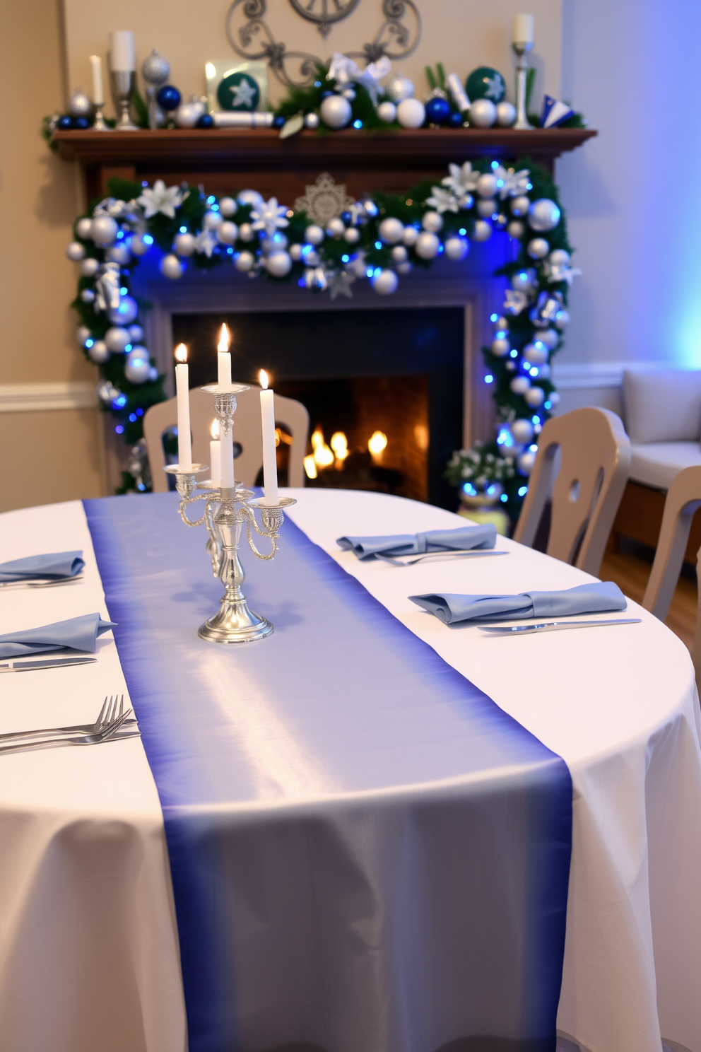 A beautifully set dining table adorned with a blue and silver themed table runner that elegantly drapes over the edges. The runner is complemented by sparkling silver candle holders and delicate blue napkins, creating a festive atmosphere. In the background, a cozy fireplace is decorated with festive Hanukkah ornaments and a garland of blue and silver. Soft blue lights illuminate the space, enhancing the warmth and joy of the celebration.