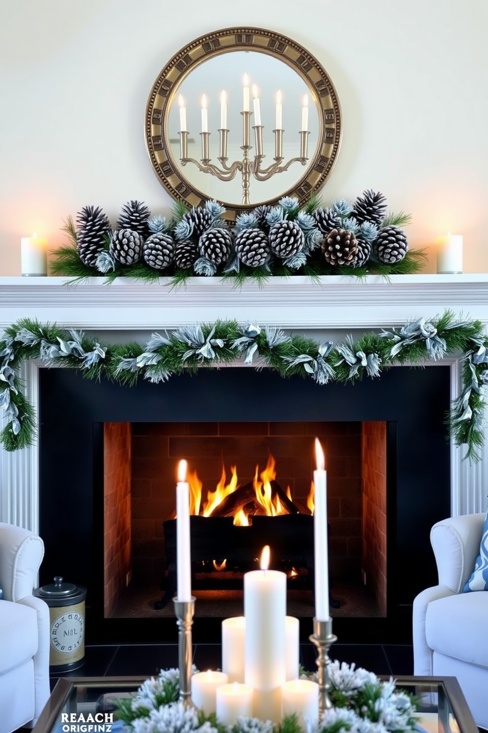 A cozy living room adorned for Hanukkah with a fireplace as the focal point. The mantle is decorated with pinecones sprayed with silver glitter, adding a touch of elegance to the warm ambiance. Soft blue and white accents complement the festive atmosphere, with candles arranged artfully around the fireplace. The flickering flames create a welcoming glow, enhancing the holiday spirit in the space.