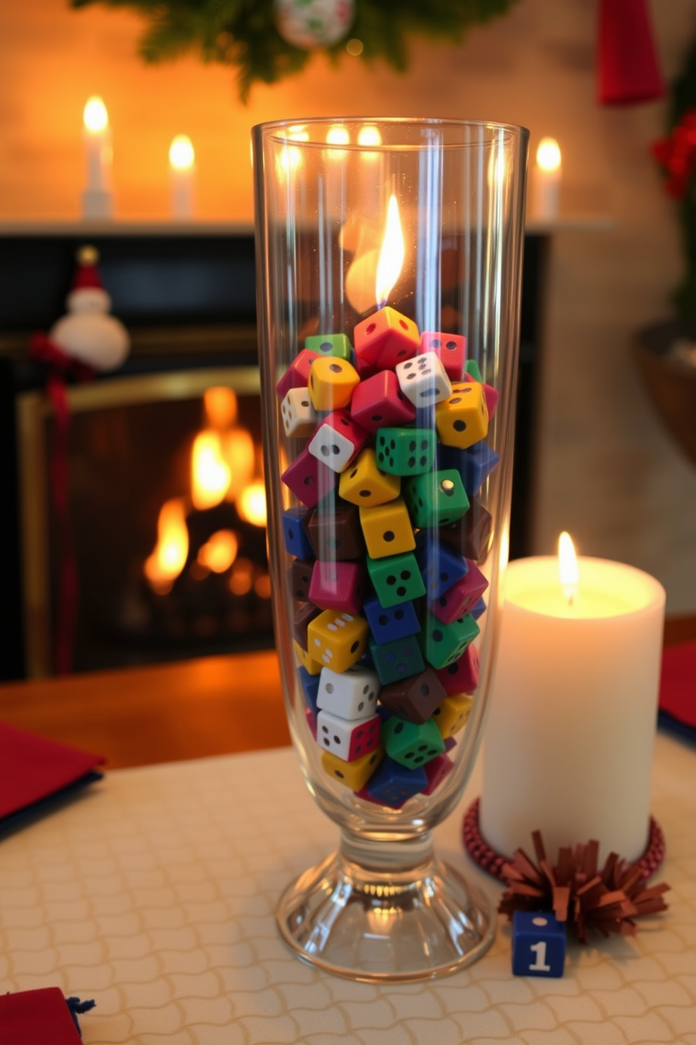 A festive Hanukkah setting featuring a glass hurricane filled with colorful dreidels. The warm glow of a fireplace serves as a cozy backdrop, enhancing the cheerful atmosphere of the holiday decor.