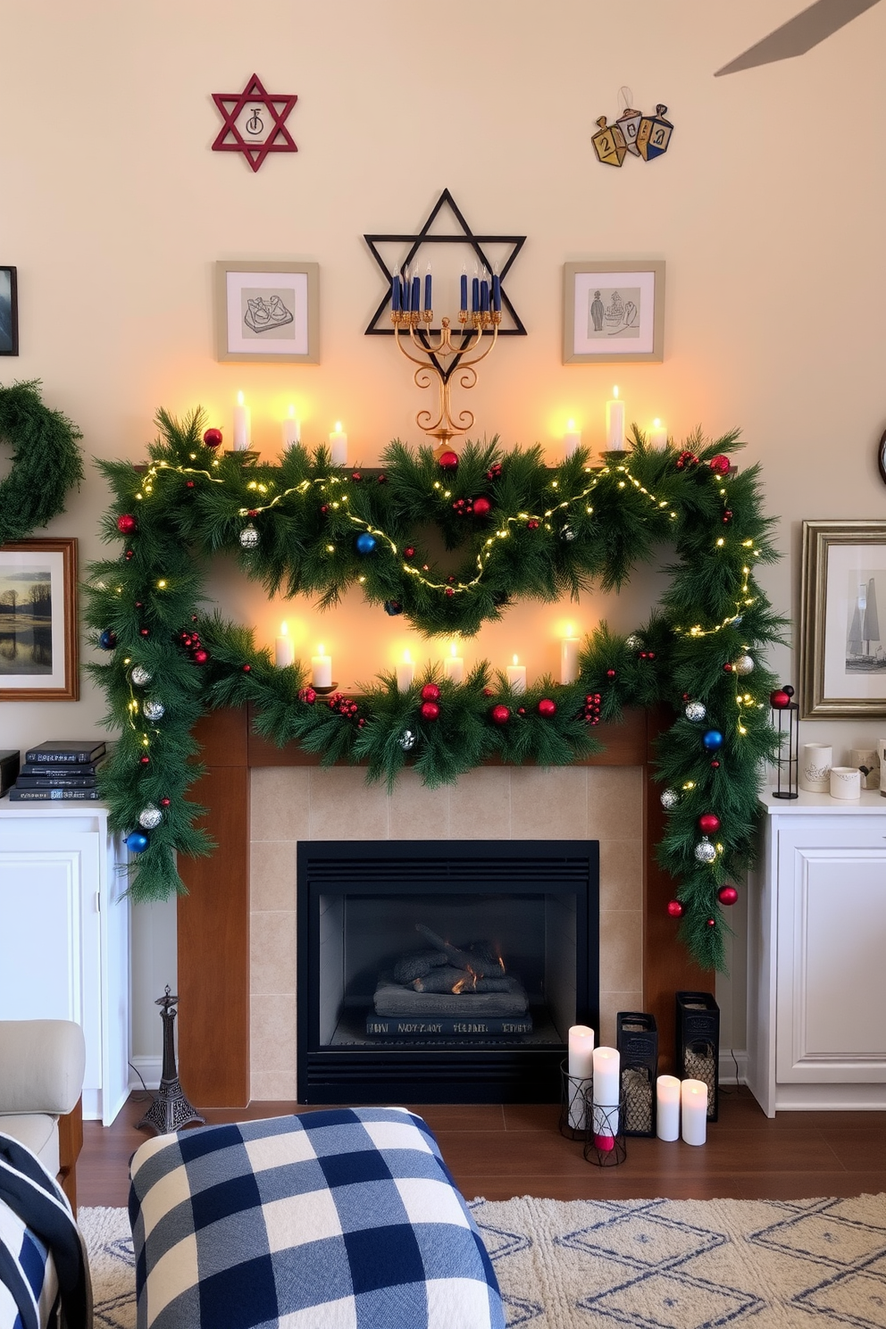 A cozy living room adorned with wall art featuring Hanukkah symbols such as the menorah and dreidels. The fireplace is decorated with festive garlands and candles, creating a warm and inviting atmosphere for the holiday season.