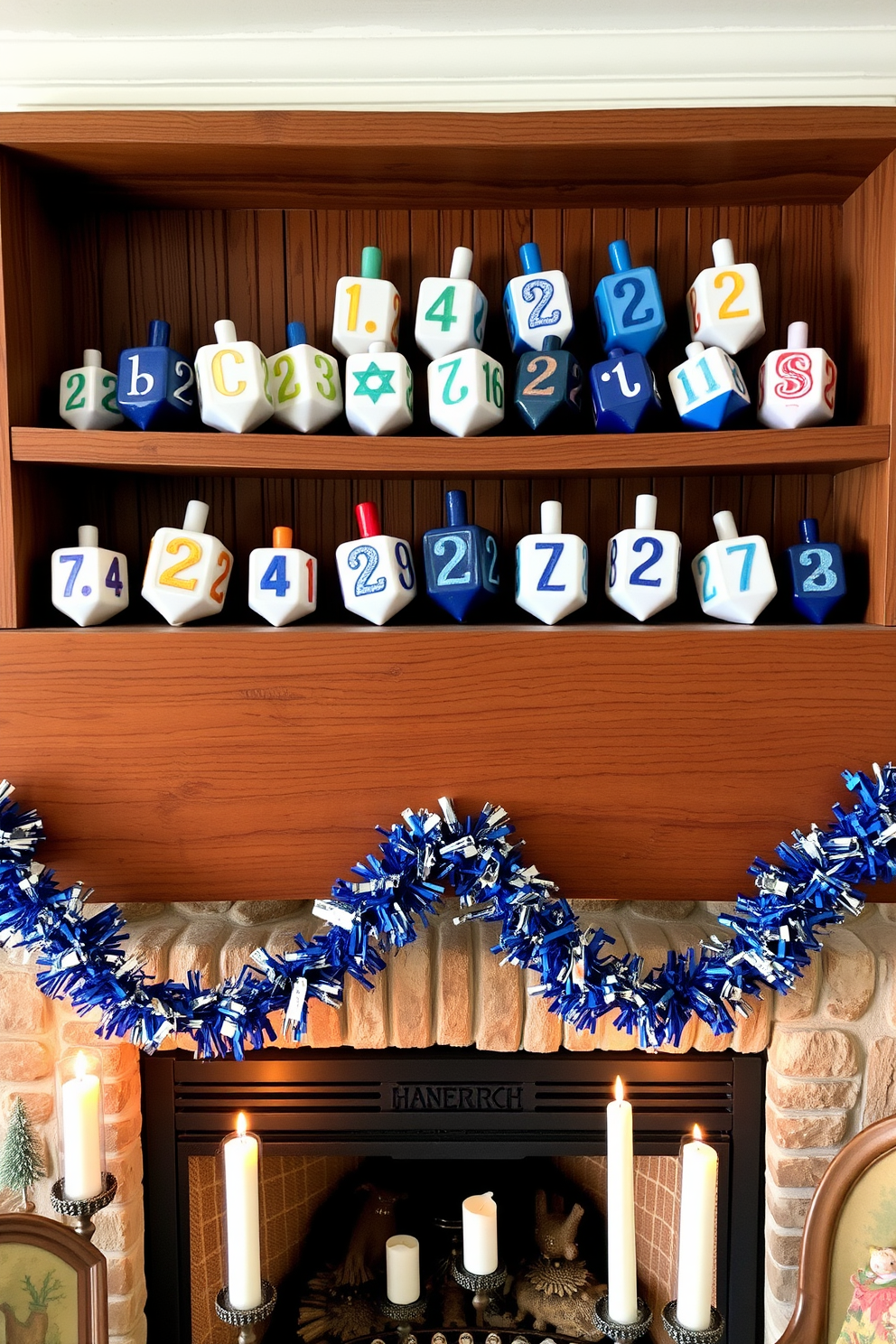 A charming ceramic dreidel collection is displayed on a rustic wooden shelf, showcasing various colors and intricate designs. Below the shelf, a cozy fireplace is adorned with festive Hanukkah decorations, including blue and silver garlands and flickering candles.