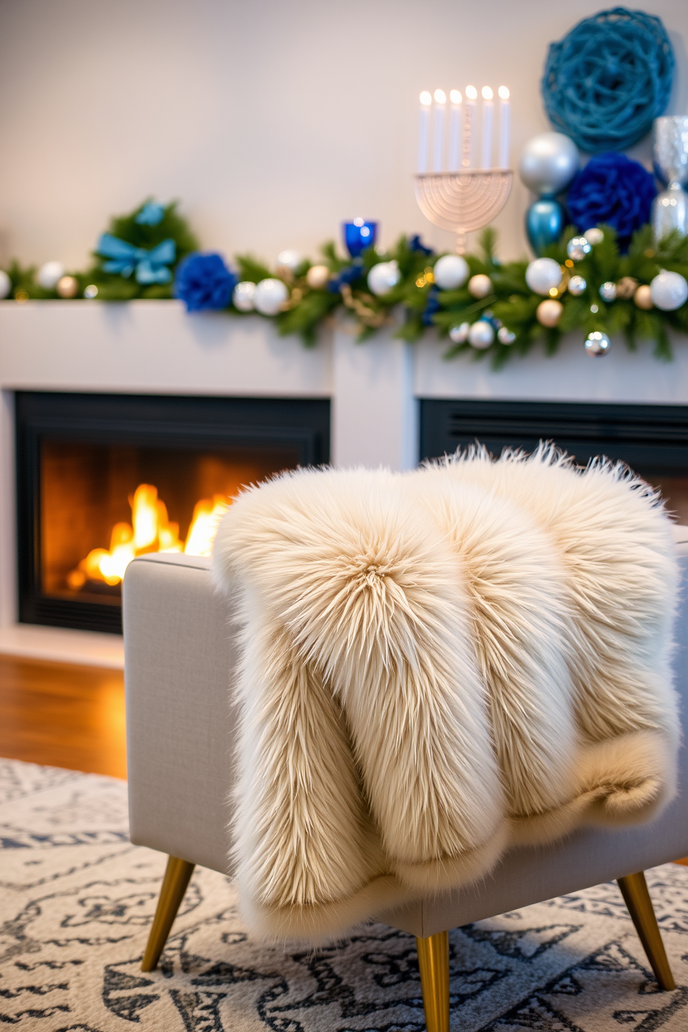 A cozy living room setting featuring a plush faux fur throw draped over a stylish armchair. In the background, a modern fireplace is adorned with festive Hanukkah decorations, including blue and silver accents. The warm glow of the fire enhances the inviting atmosphere, while the throw adds a touch of luxury. Decorative elements such as a menorah and themed ornaments complete the festive look.