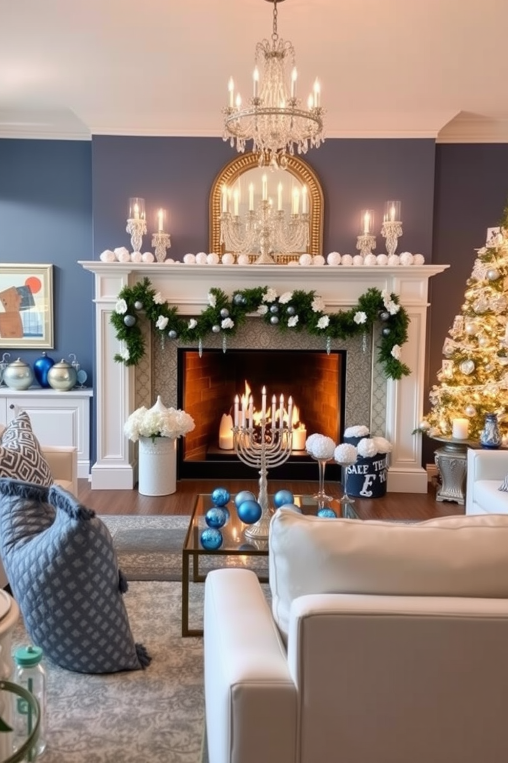 A cozy living room adorned with personalized stockings featuring festive designs hanging from the mantel. The fireplace is elegantly decorated for Hanukkah, with blue and silver accents, and a menorah placed prominently on the hearth.