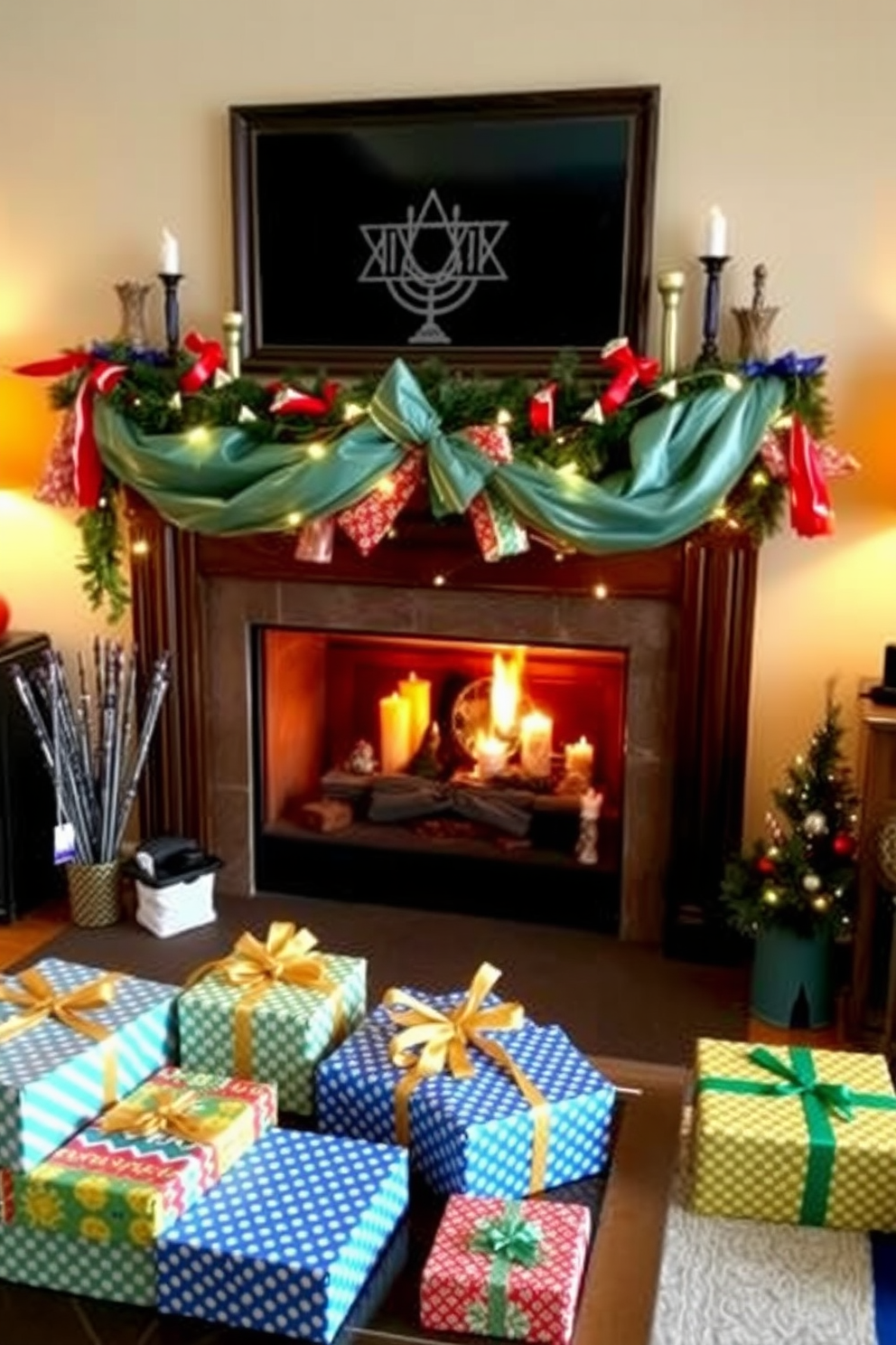 A cozy living room adorned for Hanukkah features a beautifully decorated fireplace. Colorful wrapping paper is creatively draped around the mantel, adding a festive touch to the space. On the hearth, a collection of decorative items celebrates the holiday spirit. Brightly wrapped gifts are arranged thoughtfully, enhancing the warm and inviting atmosphere.