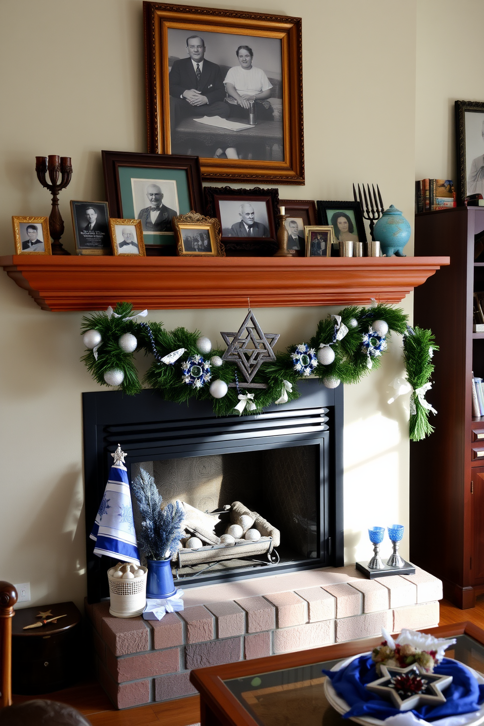 A cozy living room setting adorned for Hanukkah. There are decorative bowls filled with colorful gelt candies placed on a wooden coffee table, surrounded by festive ornaments. A beautifully designed fireplace serves as the focal point of the room. It is decorated with garlands of greenery and twinkling lights, creating a warm and inviting atmosphere for the holiday celebration.