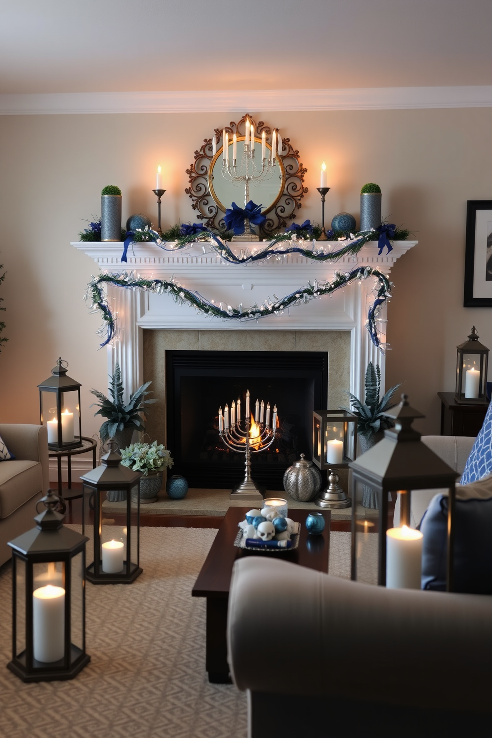 A cozy living room adorned with stylish art prints celebrating Hanukkah. The fireplace is elegantly decorated with blue and silver accents, featuring a beautiful menorah and festive garlands.