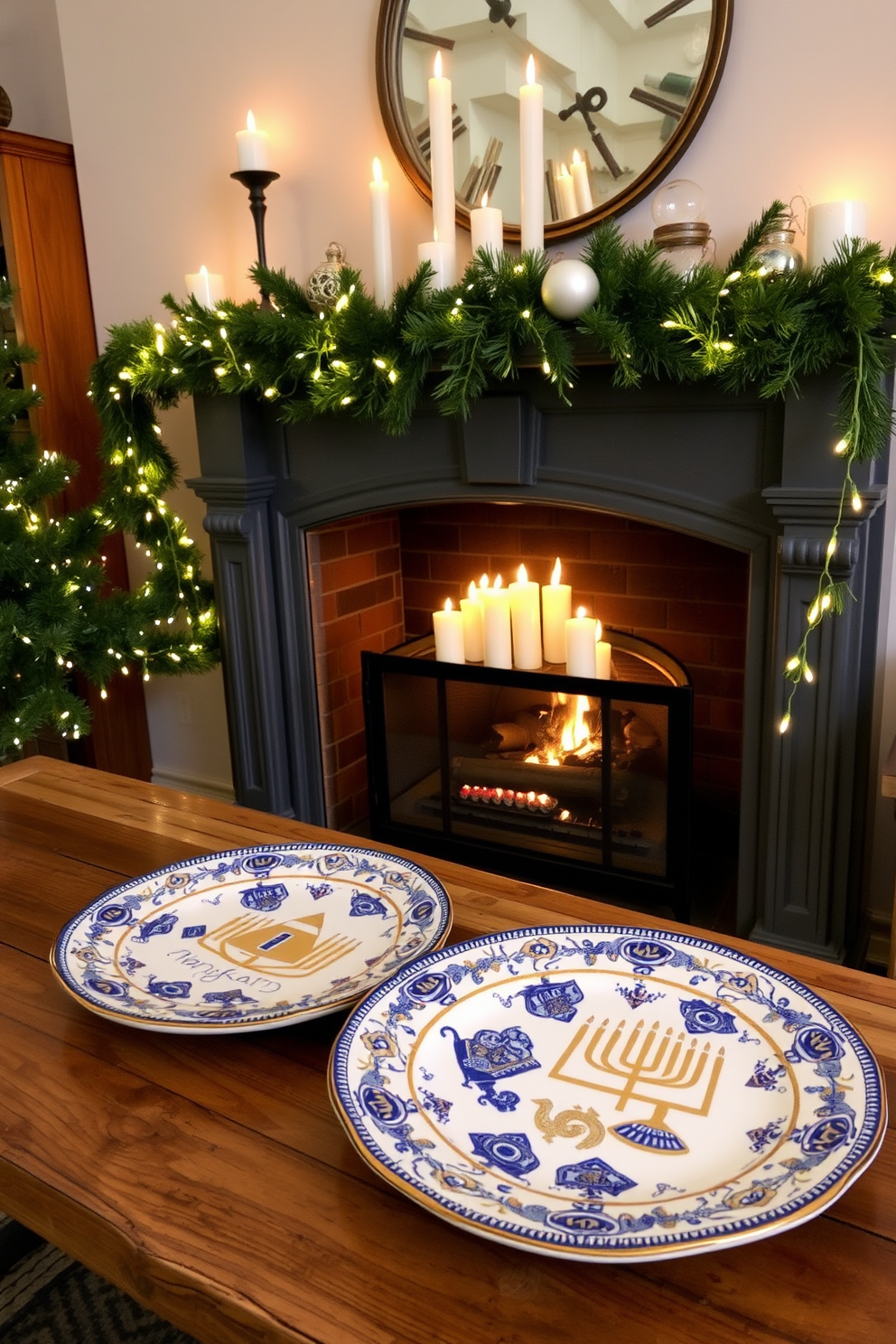 A set of ceramic plates adorned with intricate Hanukkah motifs is displayed on a rustic wooden table. The plates feature vibrant blues and golds, highlighting traditional symbols like menorahs and dreidels. A cozy fireplace is elegantly decorated for Hanukkah with a garland of evergreen branches and twinkling white lights. Above the mantel, a collection of decorative items including candles and festive ornaments creates a warm and inviting atmosphere.