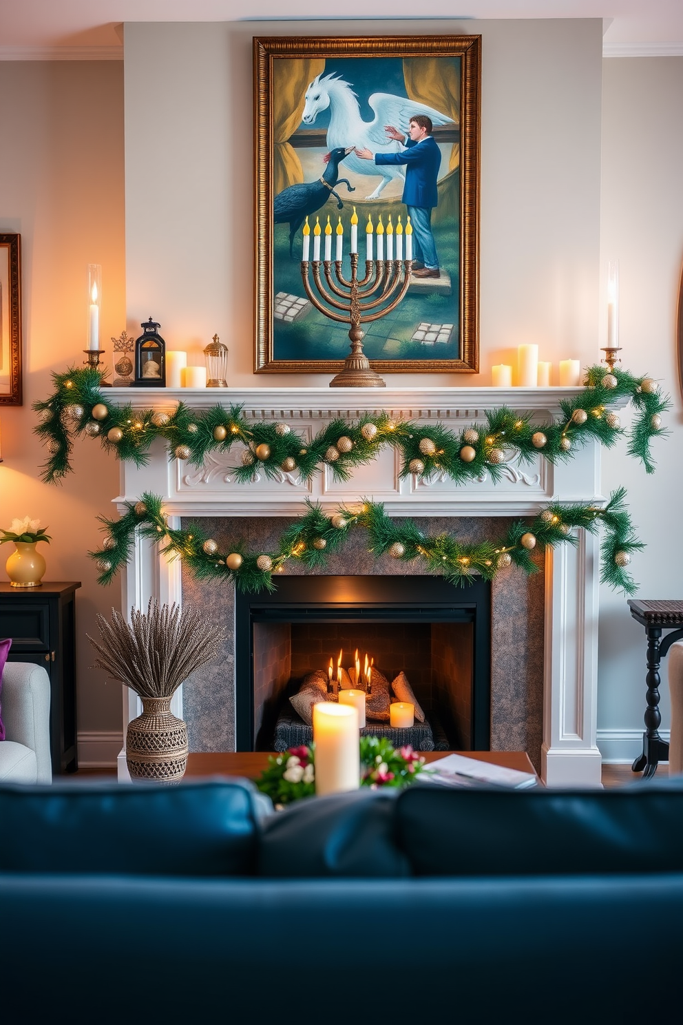 A beautifully decorated living room featuring a hand-painted menorah as the focal point on a mantel. The fireplace is adorned with festive garlands and candles, creating a warm and inviting atmosphere for Hanukkah celebrations.