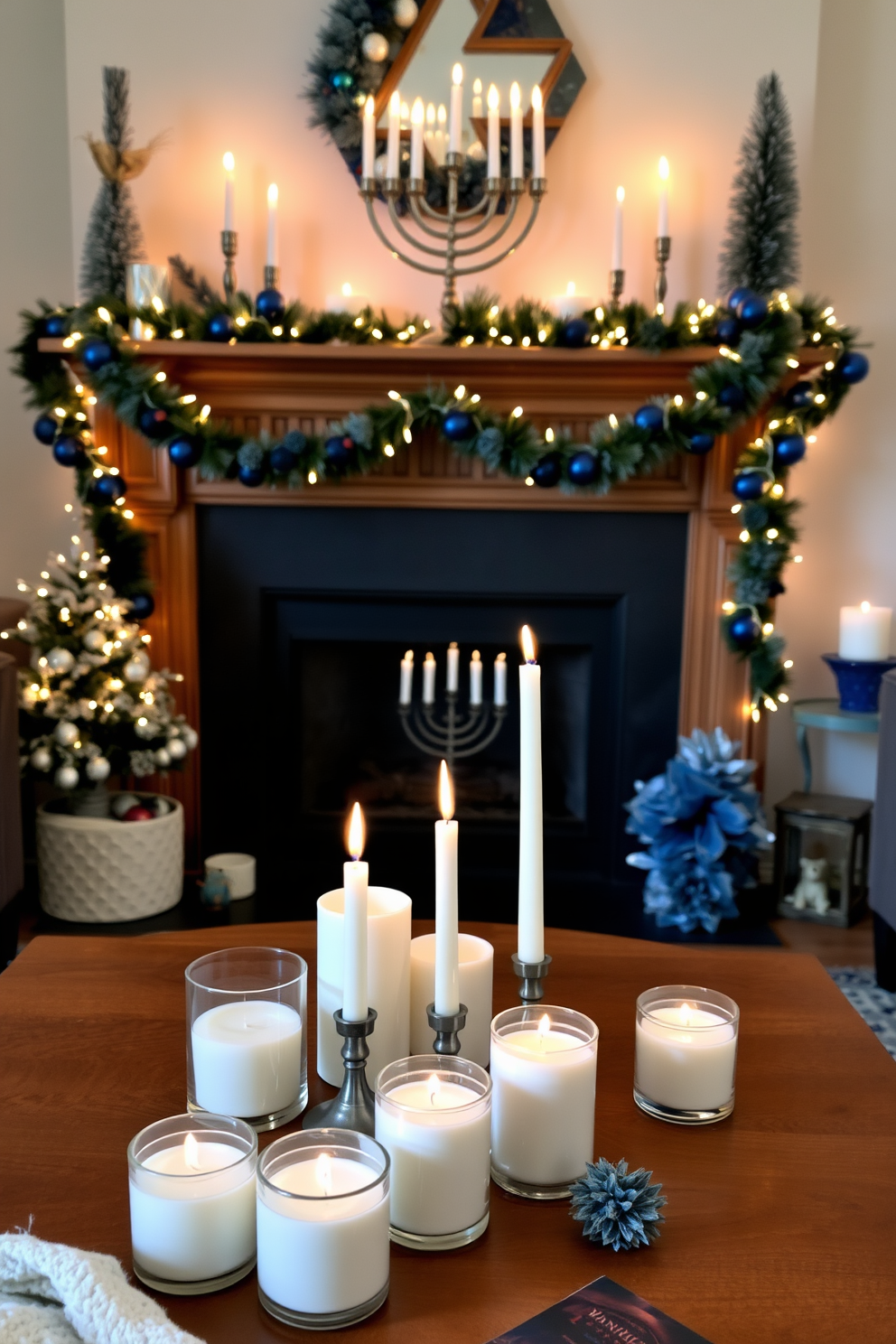 A ceramic menorah with artistic flair sits elegantly on a mantelpiece, its vibrant colors reflecting the warm glow of the surrounding candles. The fireplace, adorned with festive decorations, creates a cozy atmosphere perfect for celebrating Hanukkah.