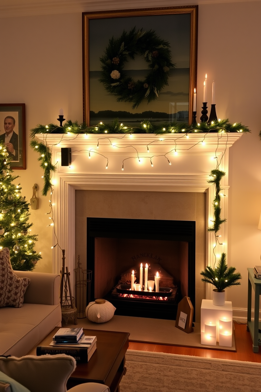 A cozy living room adorned for Hanukkah. String lights are elegantly draped over the mantel, creating a warm and inviting atmosphere while festive decorations enhance the seasonal charm.