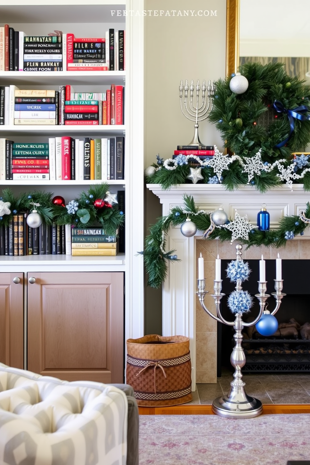 A cozy living room adorned for the holidays features a beautifully styled bookshelf filled with layered holiday books. The fireplace is elegantly decorated with Hanukkah-themed ornaments, including blue and silver accents, creating a warm and inviting atmosphere.