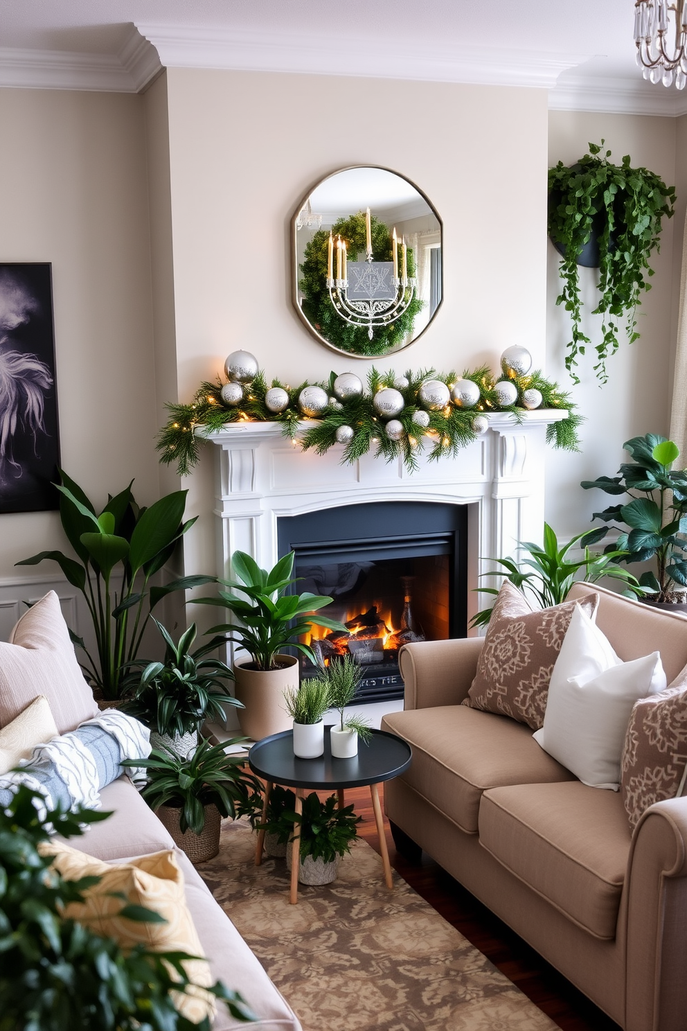 A cozy living room adorned with fresh greenery and silver accents. A stylish fireplace serves as the focal point, elegantly decorated with silver ornaments and twinkling lights for Hanukkah. The space features a plush sofa surrounded by potted plants, creating a vibrant atmosphere. Soft throws and decorative pillows complement the silver accents, enhancing the festive mood.