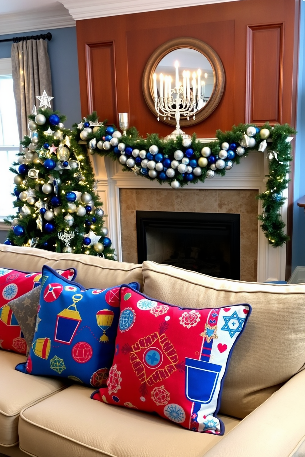 Colorful Hanukkah-themed throw pillows are arranged on a cozy sofa, featuring vibrant patterns of dreidels and menorahs. The pillows add a festive touch to the living room, which is adorned with twinkling string lights and a beautifully decorated Hanukkah tree. A traditional fireplace is elegantly decorated for Hanukkah, showcasing a stunning garland of blue and silver ornaments. Candles flicker in a decorative menorah placed on the mantel, creating a warm and inviting atmosphere for family gatherings.