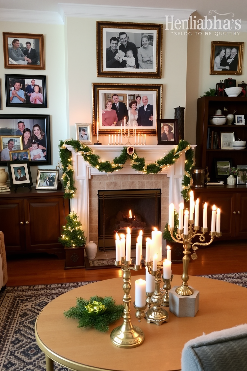 A cozy living room adorned with framed family photos showcasing cherished memories alongside elegant menorahs. A beautifully decorated fireplace serves as the focal point, featuring festive Hanukkah decorations that add warmth and joy to the space.