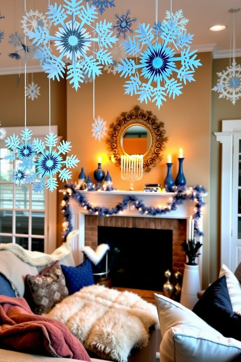 A cozy living room adorned with DIY paper snowflakes hanging from the ceiling creates a whimsical winter atmosphere. The fireplace is elegantly decorated for Hanukkah, featuring blue and silver accents, with a menorah prominently displayed on the mantel. Soft, warm lighting enhances the festive mood, casting a gentle glow on the snowflakes. Surrounding the fireplace, plush blankets and decorative pillows in rich hues invite family and friends to gather and celebrate the season.