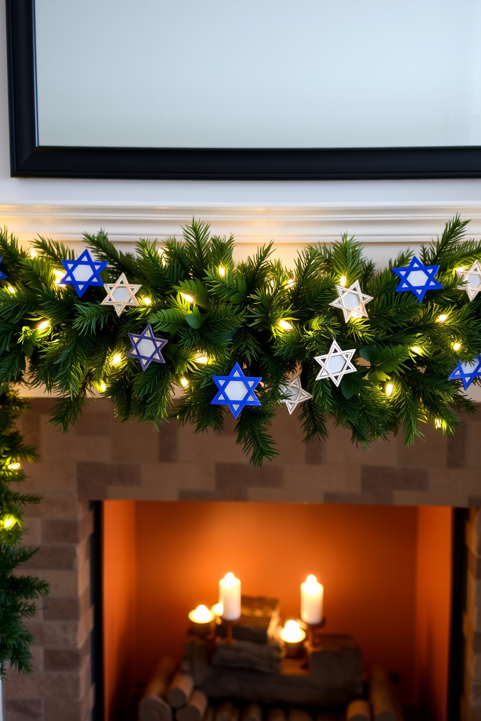 Artistic menorah as focal point in a cozy living room setting. The fireplace is adorned with festive decorations, including garlands of greenery and twinkling lights for a warm ambiance.