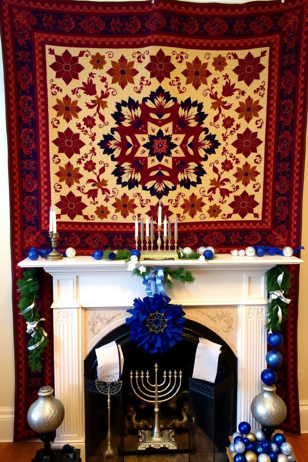 A traditional quilt hangs as a backdrop, showcasing intricate patterns and rich colors that add warmth to the space. In front of the quilt, a classic fireplace is adorned with festive Hanukkah decorations, including menorahs and blue and silver accents.