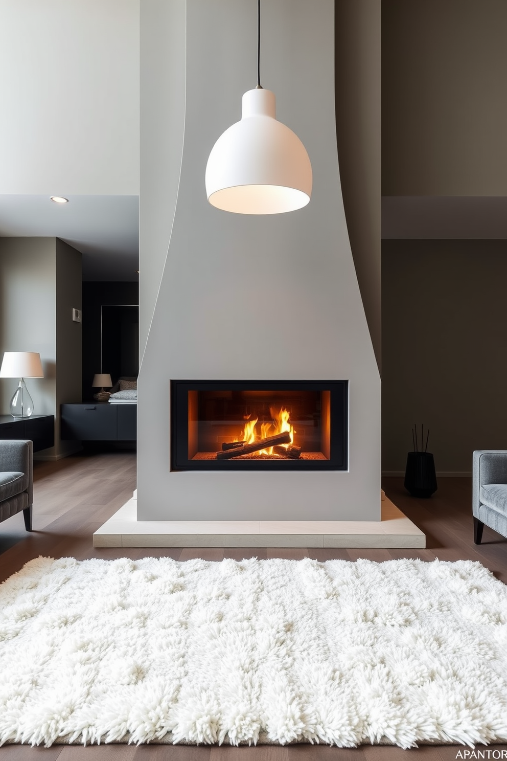 A modern minimalist fireplace is the focal point of the living room, featuring sleek lines and a clean aesthetic. The surrounding space is open and airy, with neutral tones and minimal decor to enhance the fireplace's design.