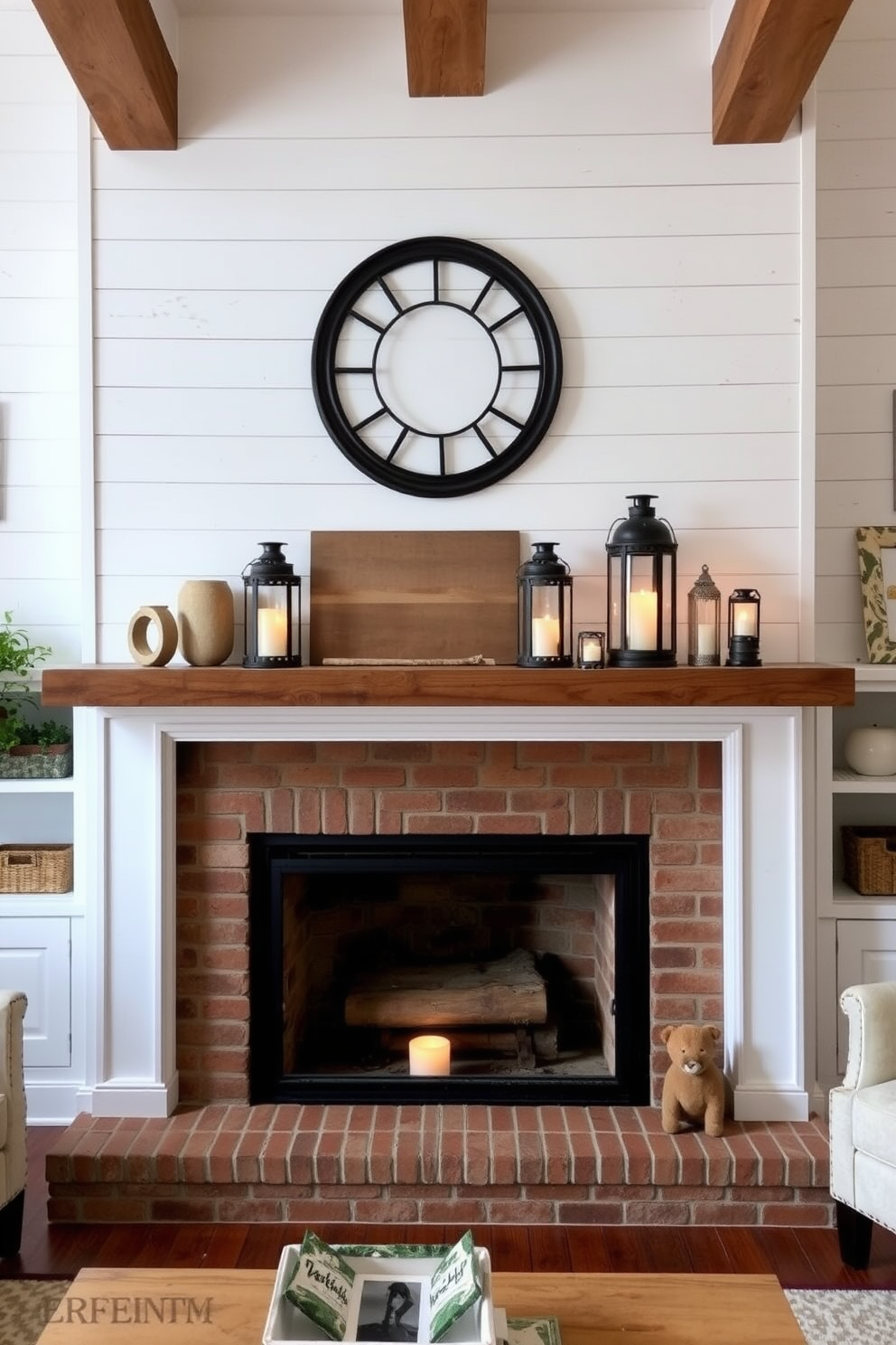 A cozy farmhouse-style living room features a stunning fireplace adorned with shiplap walls. The mantel is decorated with rustic wooden accents and a collection of vintage lanterns, creating a warm and inviting atmosphere.