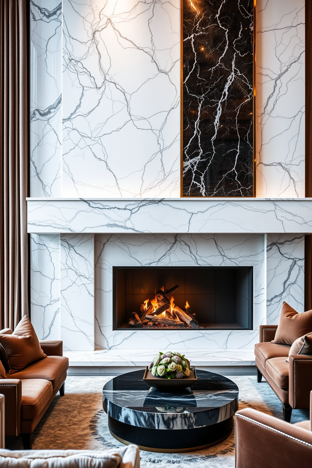 An elegant marble fireplace serves as the focal point of the luxurious living room. The surrounding space is adorned with plush seating, rich textures, and soft lighting that enhances the fireplace's grandeur.