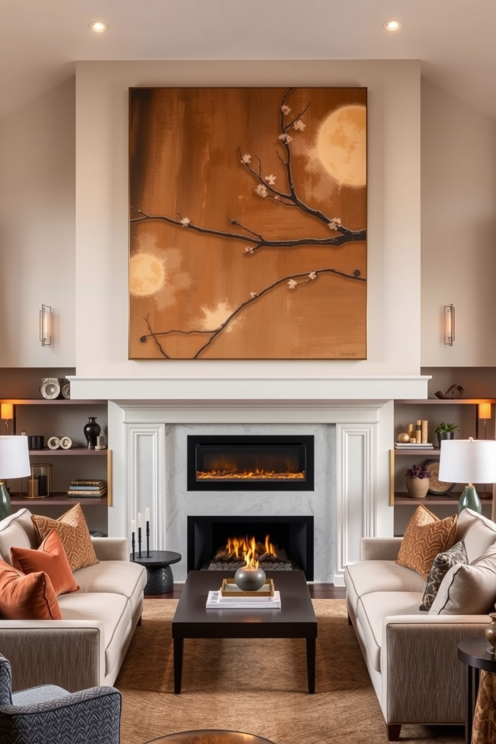 A cozy living room featuring a modern fireplace with an elegant mantel. Above the mantel, there is an oversized piece of artwork that serves as a stunning focal point in the room. The seating arrangement includes plush sofas and accent chairs that invite relaxation. Rich textures and warm colors create a welcoming atmosphere, complemented by soft lighting fixtures scattered throughout the space.