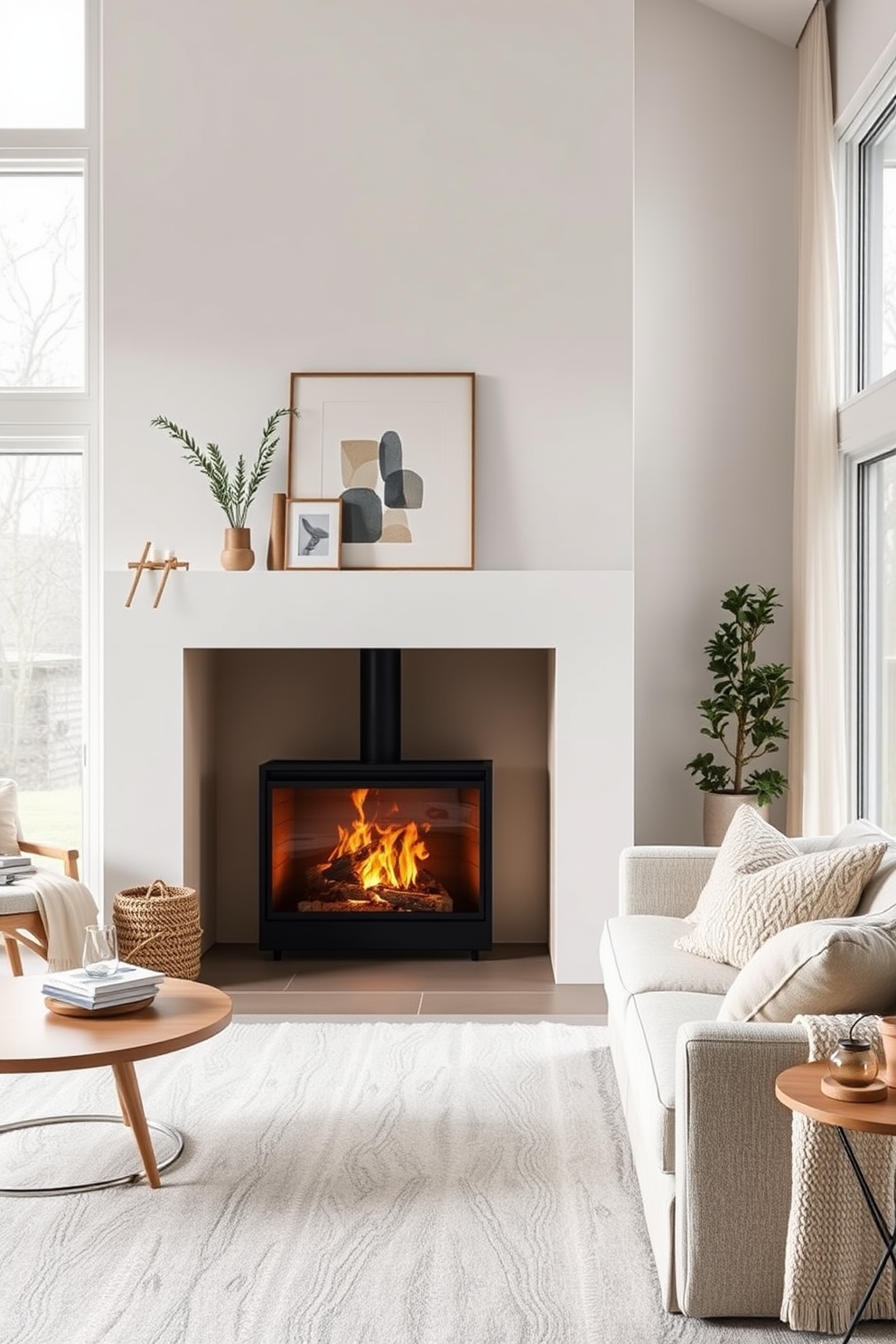 A cozy living room features a Scandinavian style fireplace with warm wooden accents and a sleek white facade. Soft, neutral tones dominate the space, complemented by plush textiles and natural light streaming through large windows.