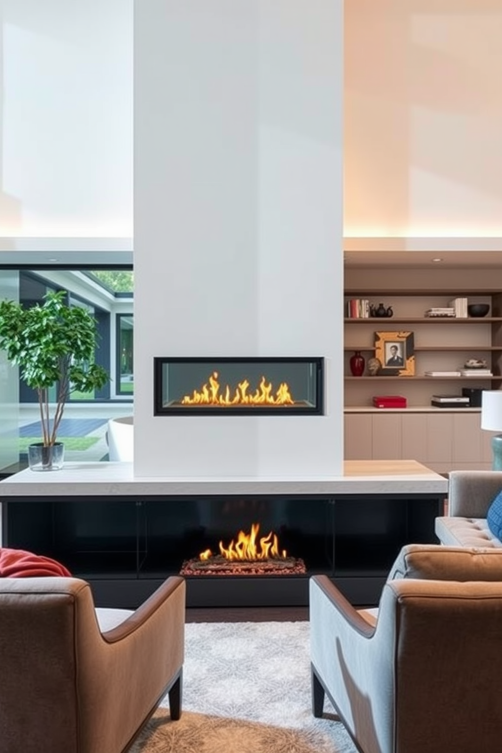 A textured concrete fireplace serves as the focal point of a modern living room, exuding an industrial yet sophisticated charm. Surrounding the fireplace, sleek furniture in neutral tones complements the raw texture of the concrete, creating a harmonious balance in the space.