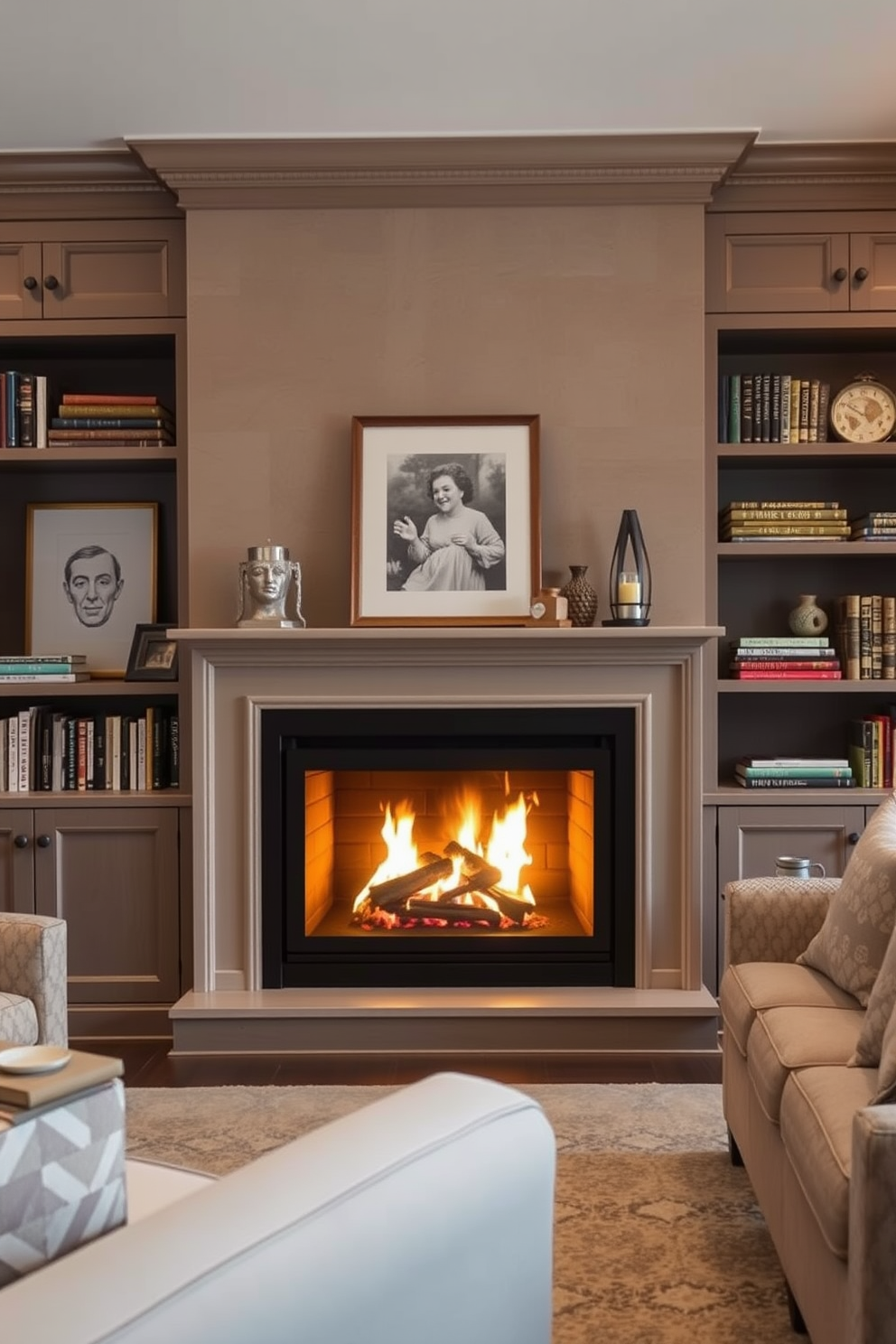 A cozy living room features a fireplace seamlessly integrated into a custom shelving unit that showcases books and decorative items. The warm glow of the fire enhances the inviting atmosphere, while soft seating arrangements create a perfect space for relaxation and conversation.