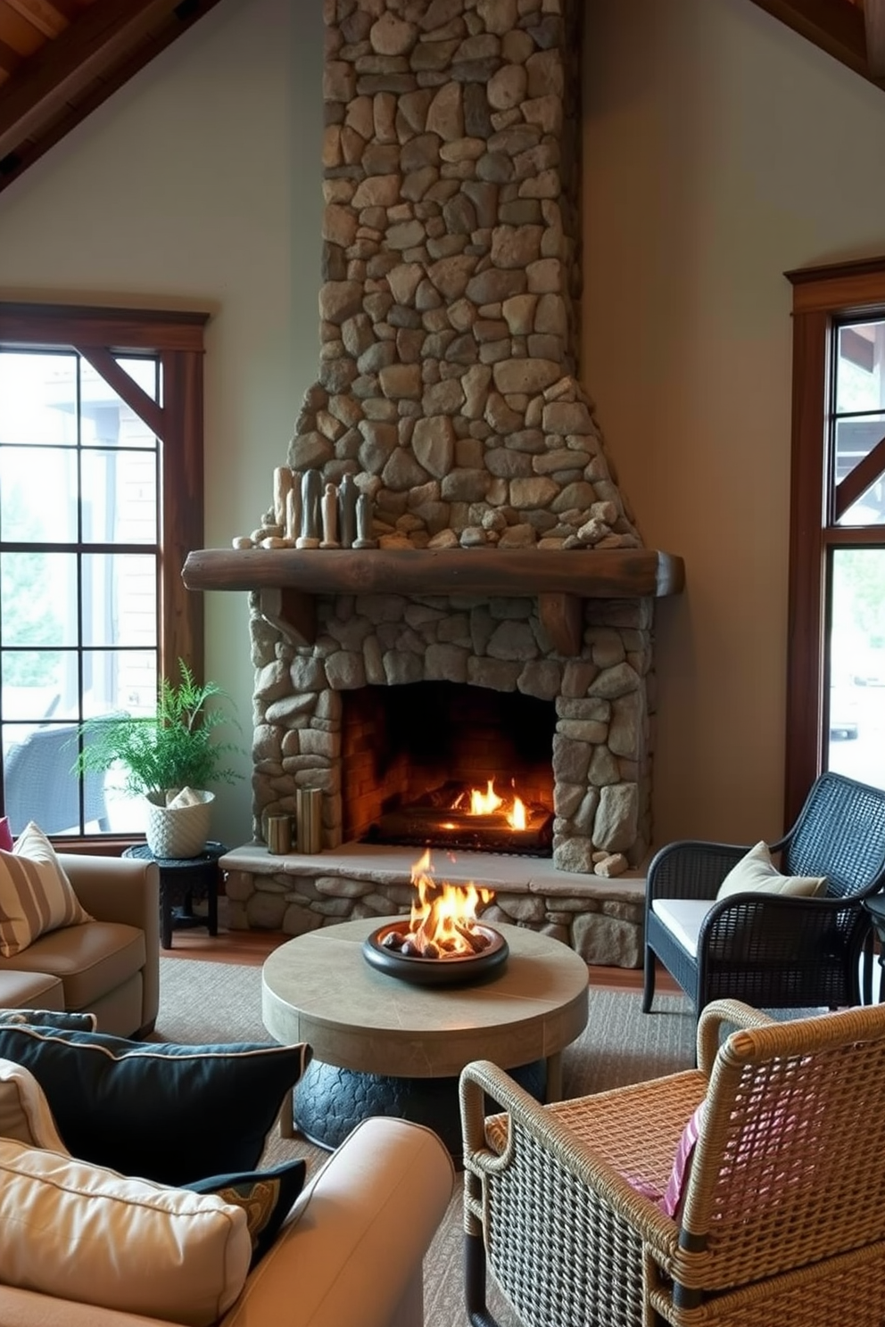 A cozy living room features an outdoor-inspired fireplace made of stacked stone, surrounded by wooden beams that enhance the natural aesthetic. The space is filled with comfortable seating, including a plush sofa and woven chairs, all arranged to create an inviting atmosphere for gatherings.