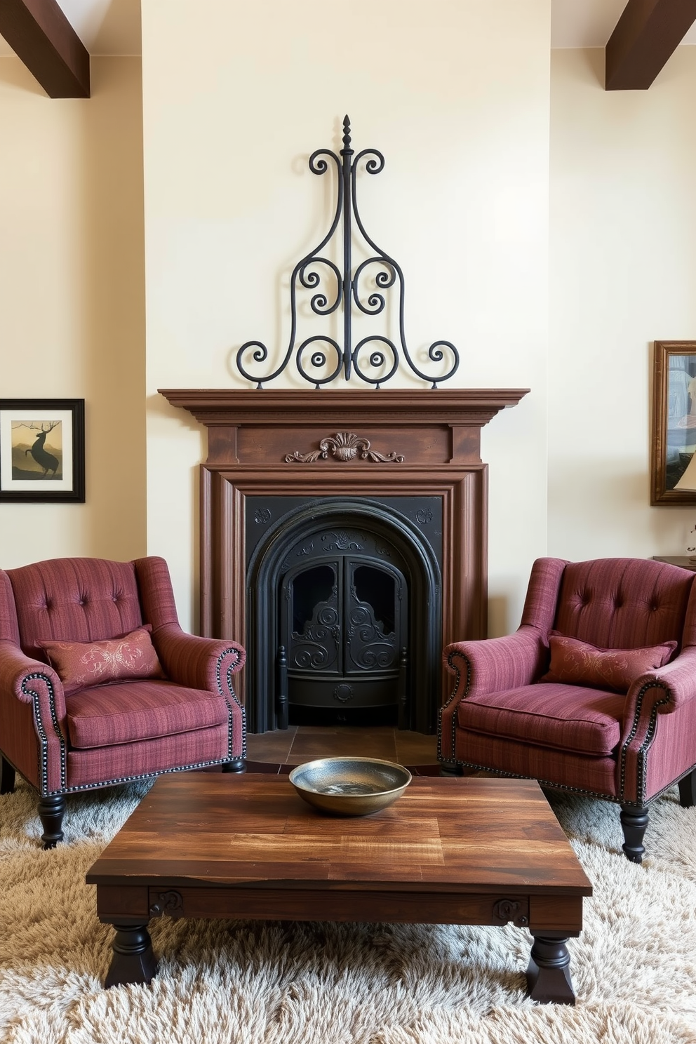 A vintage cast iron fireplace serves as the focal point of the living room, exuding warmth and charm. Flanking the fireplace are two elegant armchairs upholstered in rich, textured fabric, inviting relaxation and conversation. The walls are adorned with soft, neutral tones, creating a cozy atmosphere that complements the fireplace's intricate details. A plush area rug lies beneath a rustic coffee table, enhancing the room's inviting and timeless appeal.