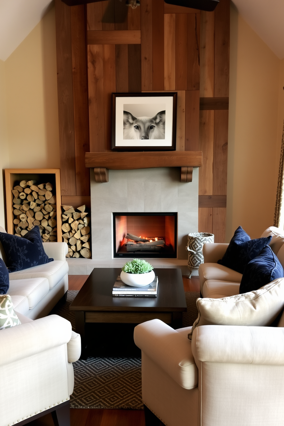 A cozy living room featuring a fireplace with reclaimed wood accents. The fireplace is framed by a rustic wooden mantel, and a stack of logs is neatly arranged beside it. Plush sofas are arranged around a central coffee table, creating an inviting seating area. Soft, warm lighting enhances the ambiance, while decorative pillows add a pop of color to the neutral tones.