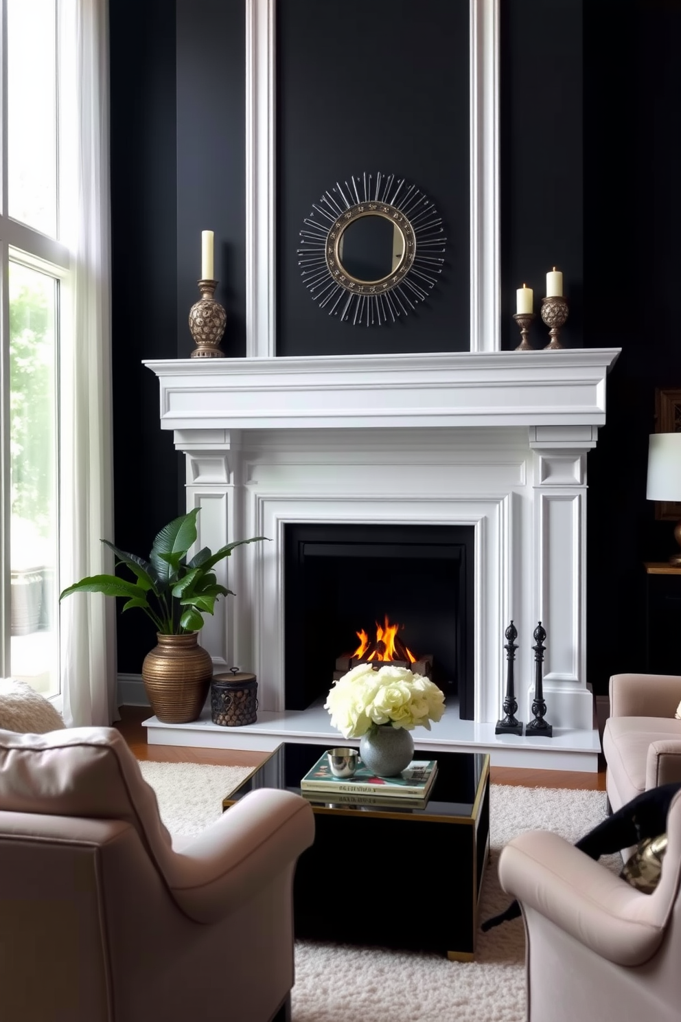 A bright white fireplace serves as the centerpiece of the living room, creating a striking contrast against the dark walls. The room is furnished with plush seating and elegant decor, enhancing the inviting atmosphere.