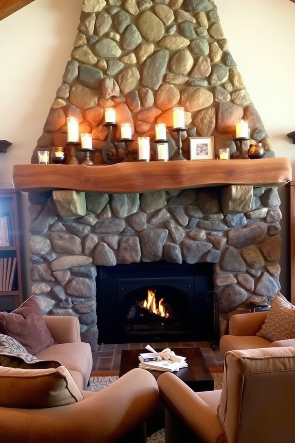 A cozy living room featuring a rustic stone fireplace with a wide wooden mantel. The fireplace is adorned with a collection of candles and decorative items, creating a warm and inviting atmosphere. Surrounding the fireplace, comfortable seating options include a plush sofa and armchairs in earthy tones. Natural wood accents and soft textiles enhance the rustic charm of the space.