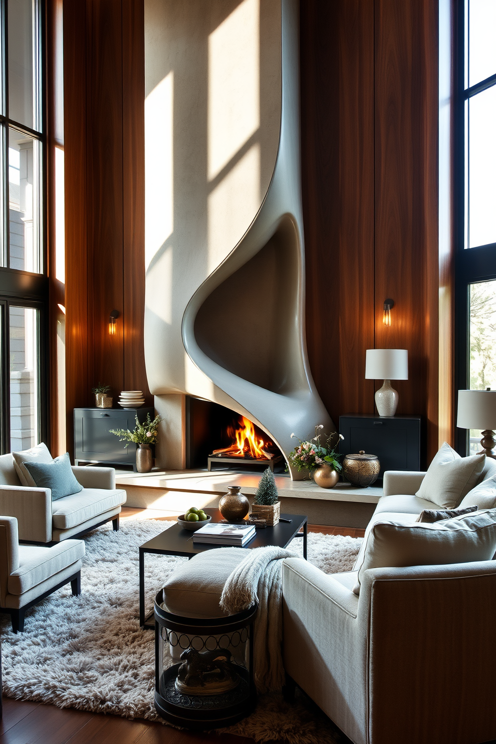 A mid-century modern fireplace with a geometric design serves as the focal point of the living room. The fireplace is surrounded by sleek wooden paneling and complemented by a minimalist mantel that showcases curated decor items. The seating area features a stylish sectional sofa in a rich, earthy tone paired with a vintage coffee table. Large windows allow natural light to flood the space, highlighting the warm wood tones and creating an inviting atmosphere.