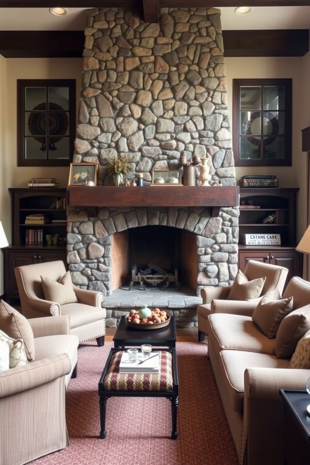 A warm and inviting living room features a stunning fireplace with a stone mantel that serves as the room's focal point. Adjacent to the fireplace, a cozy reading nook is created with a plush armchair and a small side table, perfect for enjoying a good book. The walls are painted in a soft beige, complementing the rich wood tones of the furniture. Large windows allow natural light to flood the space, while a patterned area rug anchors the seating arrangement.