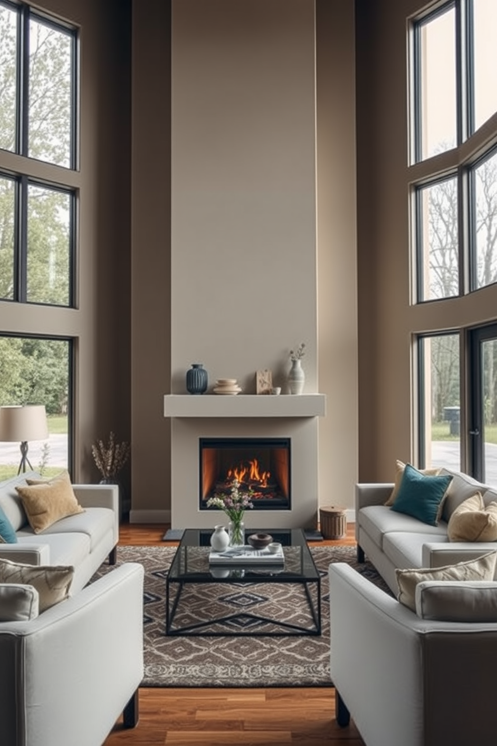 A cozy living room featuring a fireplace framed by large windows that allow natural light to flood the space. The fireplace is adorned with a sleek mantel and a collection of decorative items, creating a warm focal point in the room. Plush seating arrangements are positioned around the fireplace, inviting relaxation and conversation. Soft, neutral tones dominate the decor, complemented by colorful accent pillows and a stylish area rug beneath the seating.