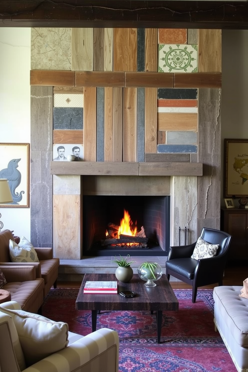 An eclectic fireplace serves as the focal point of the living room, showcasing a blend of materials like reclaimed wood, sleek metal, and colorful tiles. Surrounding the fireplace, a cozy seating arrangement includes a mix of vintage and modern furniture, creating an inviting atmosphere.