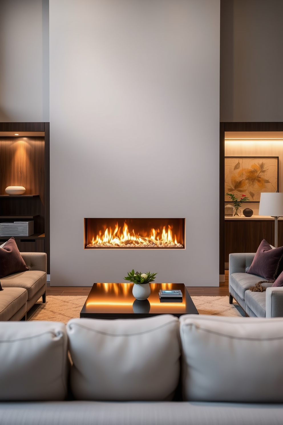 A stylish fireplace is the focal point of the living room, featuring integrated lighting that highlights its sleek design. Surrounding the fireplace, a cozy seating arrangement invites relaxation, with plush sofas and a chic coffee table in front.