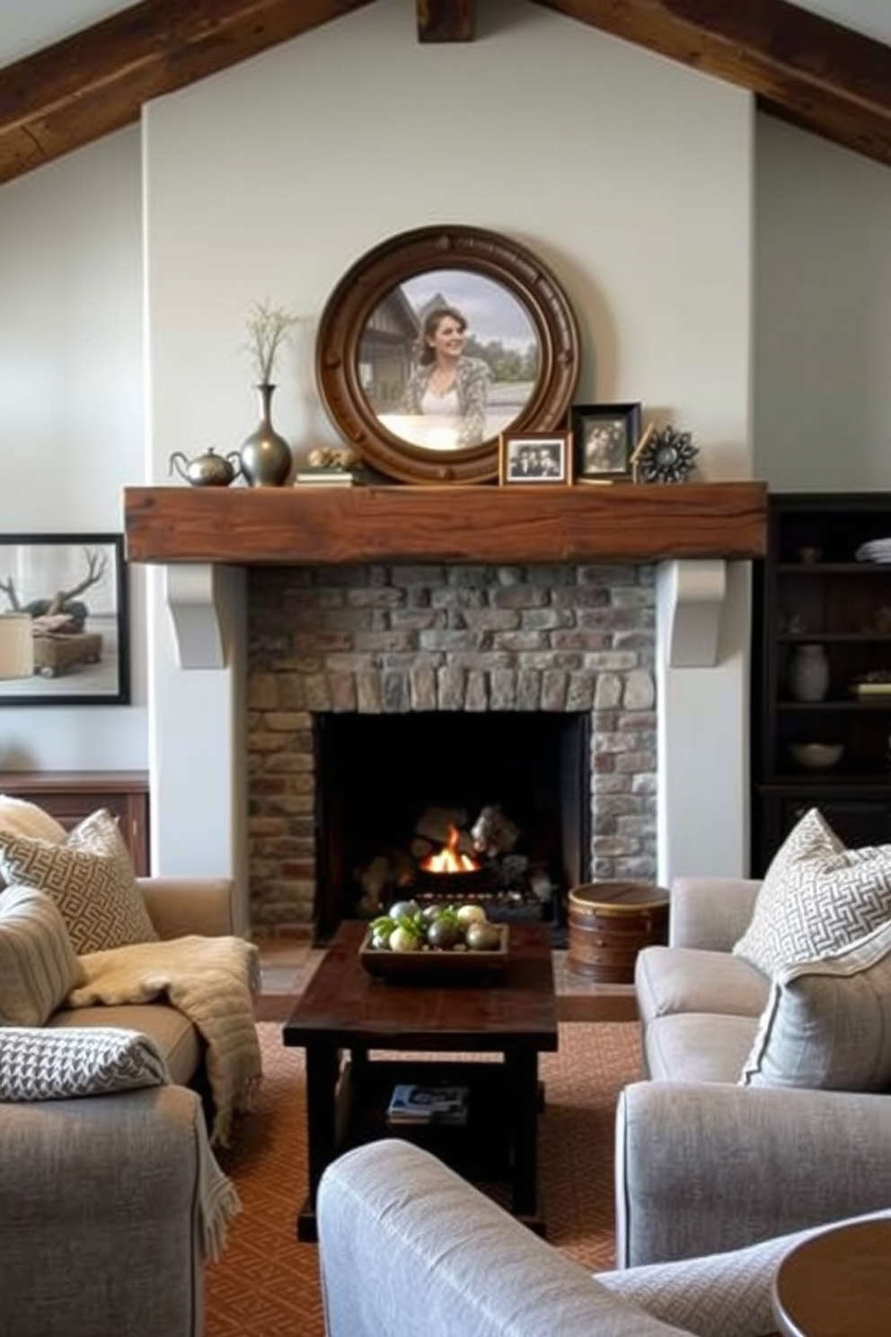 A cozy living room featuring a fireplace with a rustic beam mantel. The mantel is adorned with decorative items and framed photographs, creating a warm and inviting atmosphere. Surrounding the fireplace, comfortable seating is arranged to encourage conversation. Soft, textured throws and cushions add layers of comfort and style to the space.