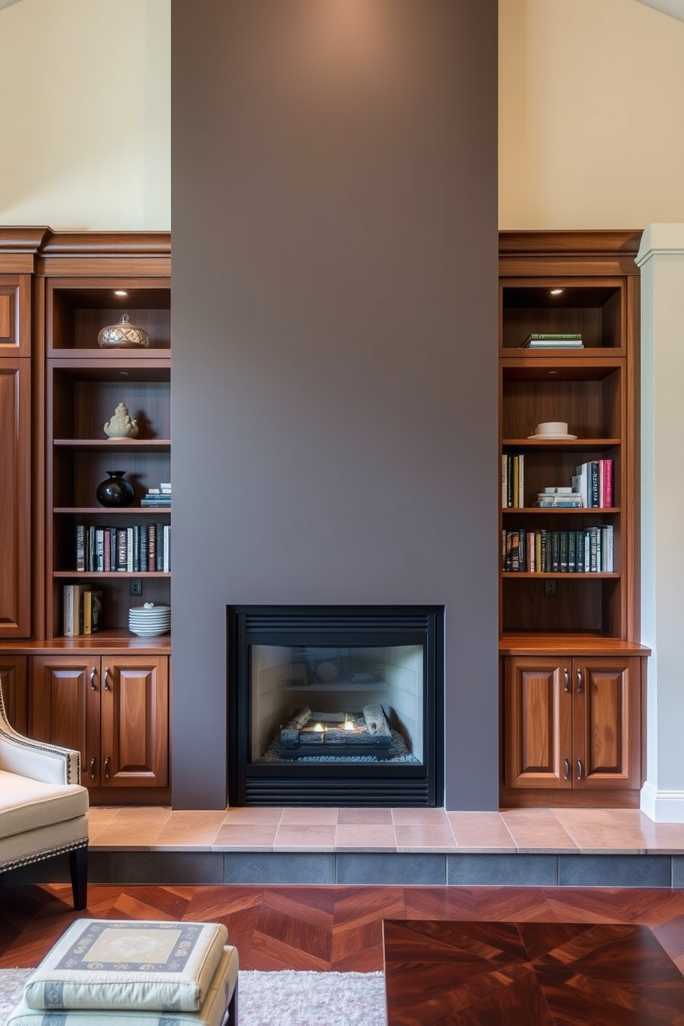 A sophisticated fireplace is the focal point of the living room, framed by custom cabinetry that offers both elegance and functionality. The cabinetry is finished in a rich wood tone, complementing the warm hues of the room while providing ample storage for books and decorative items.