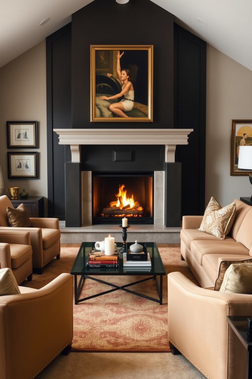 A cozy living room featuring a stunning fireplace as the focal point. Surrounding the fireplace is a plush seating arrangement with a mix of soft armchairs and a large sectional sofa in warm, inviting colors. The walls are adorned with tasteful artwork that complements the overall aesthetic. A stylish coffee table sits in the center, topped with decorative books and a fragrant candle for added ambiance.