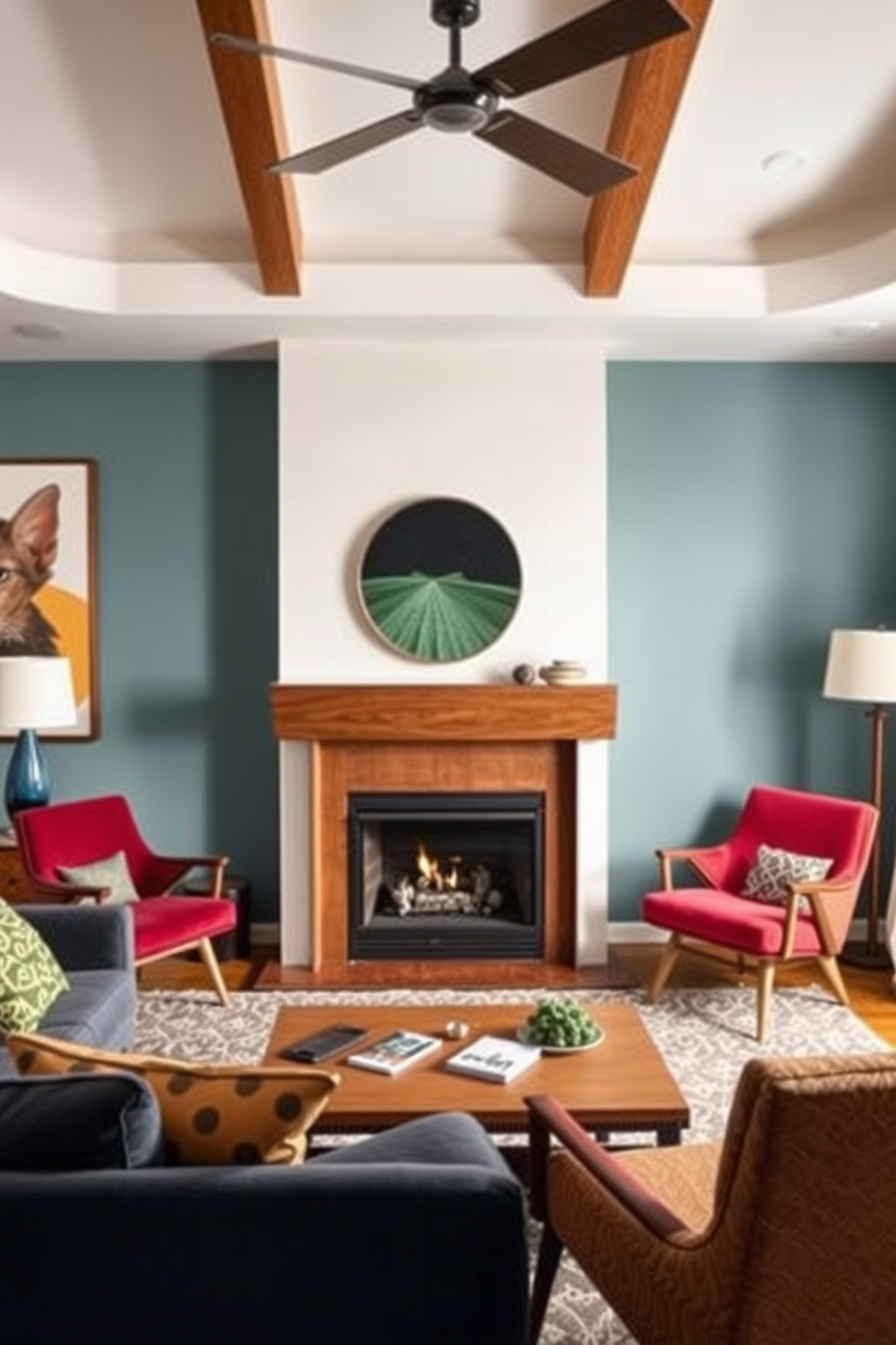 A mid-century modern fireplace serves as the focal point of the living room, featuring a sleek design with clean lines and a warm wood finish. Surrounding the fireplace, the space is adorned with retro-inspired furniture, including a plush sofa and vibrant accent chairs that add a pop of color and character.