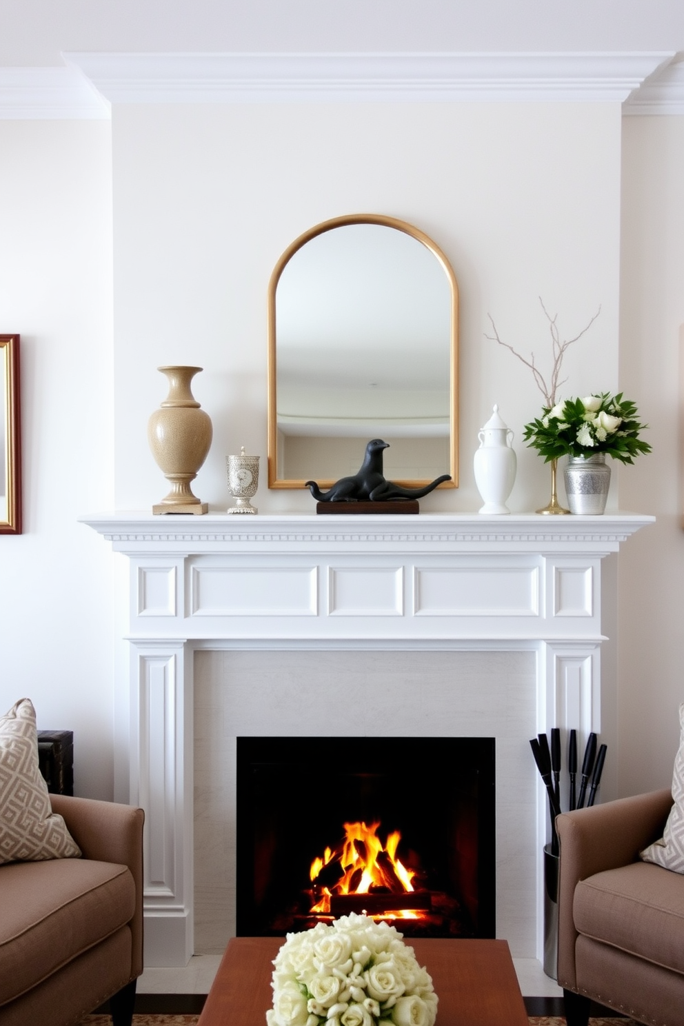 A classic white mantel serves as the focal point of the living room, adorned with decorative accents that reflect a timeless elegance. The fireplace below creates a warm and inviting atmosphere, surrounded by plush seating and tasteful decor that enhances the cozy ambiance.