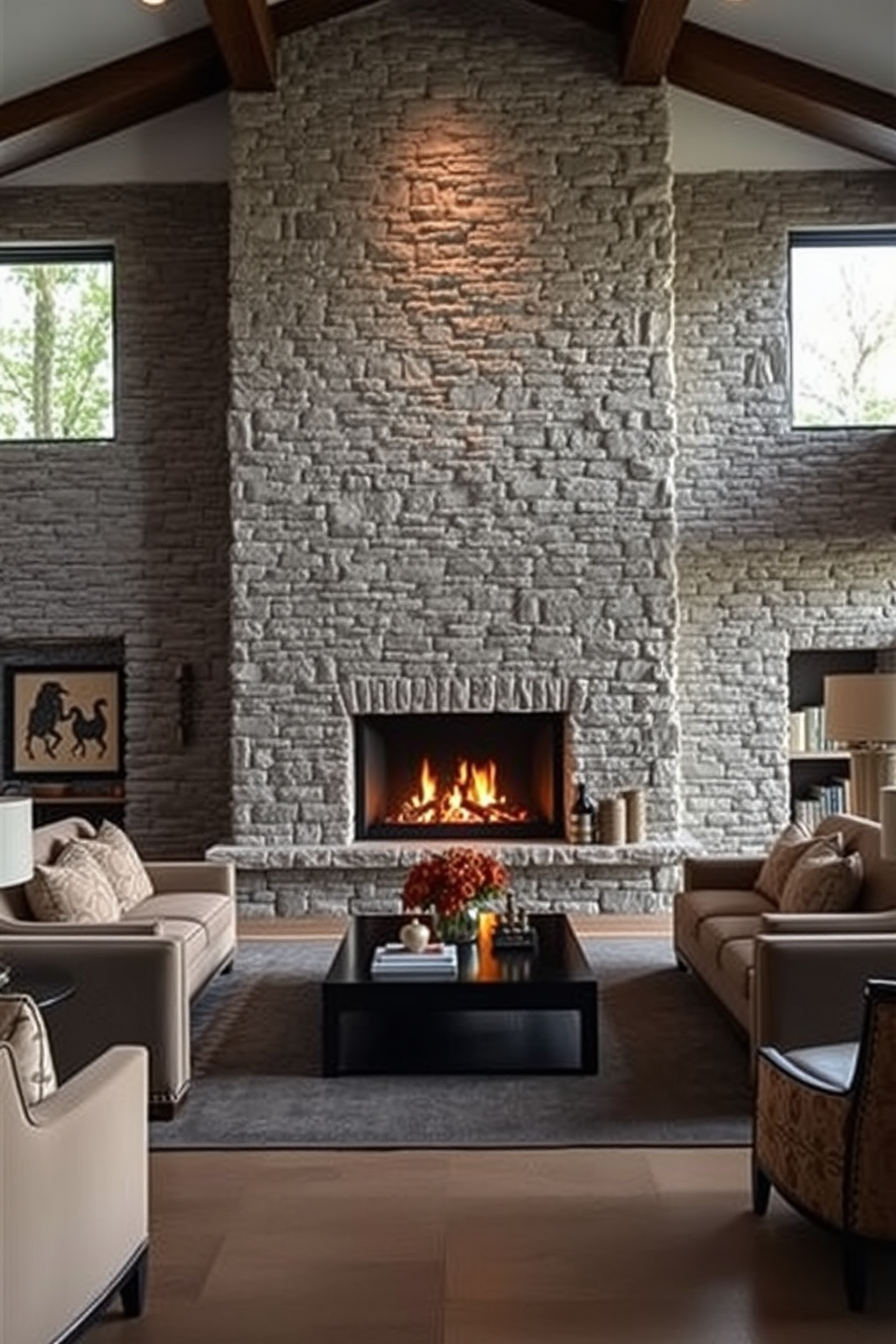 A cozy living room featuring a modern fireplace with a built-in bench for seating. The bench is adorned with plush cushions in warm tones, creating an inviting atmosphere for relaxation. The fireplace is framed by sleek stone tiles, adding a touch of elegance to the space. Large windows allow natural light to flood in, highlighting the warm wooden floors and soft area rugs.