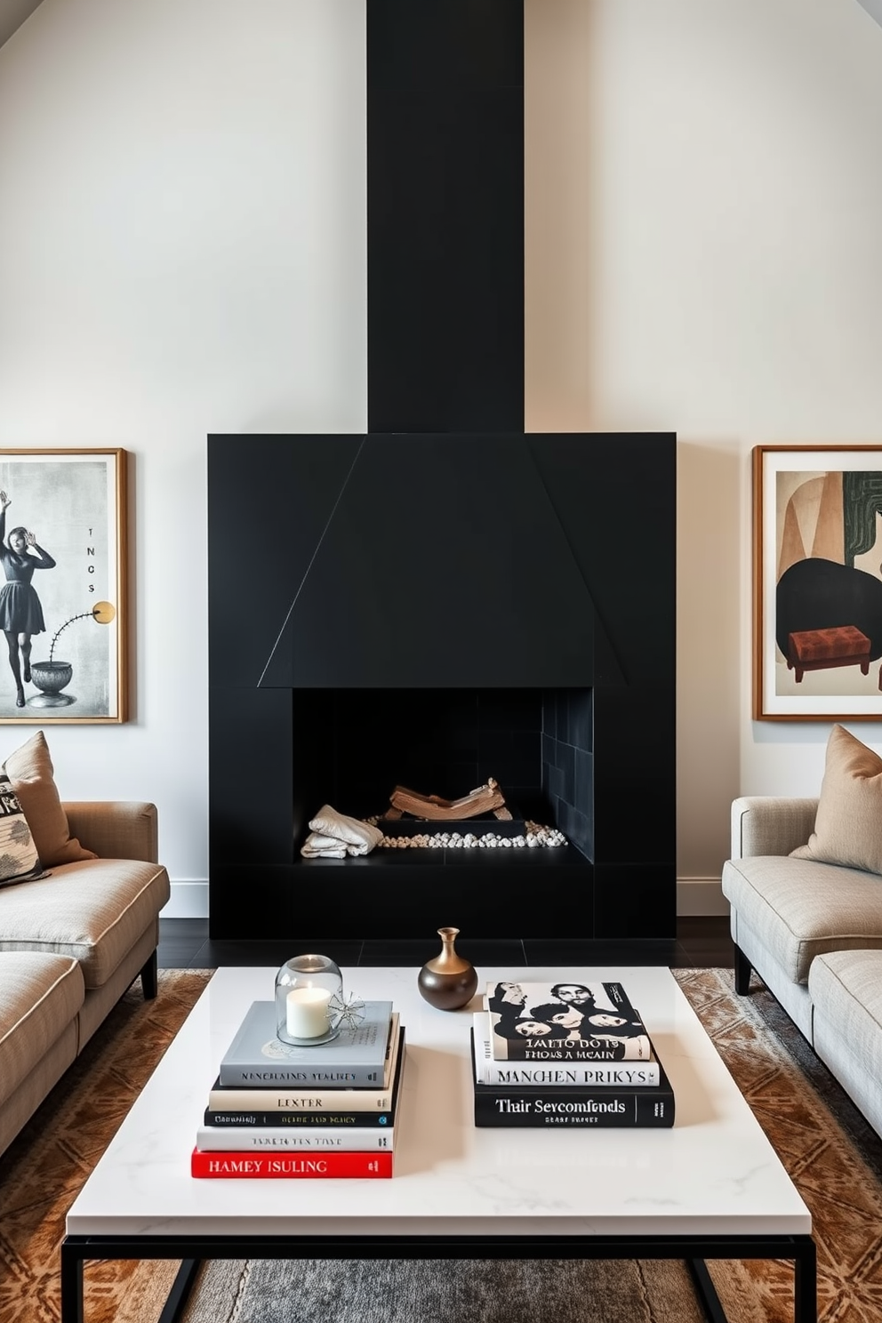 A bold black fireplace with a geometric design serves as the focal point of the living room. Surrounding the fireplace, plush seating in neutral tones creates a cozy and inviting atmosphere. The walls are adorned with abstract art that complements the modern aesthetic. A sleek coffee table sits in front of the seating, topped with stylish decor and a stack of design books.