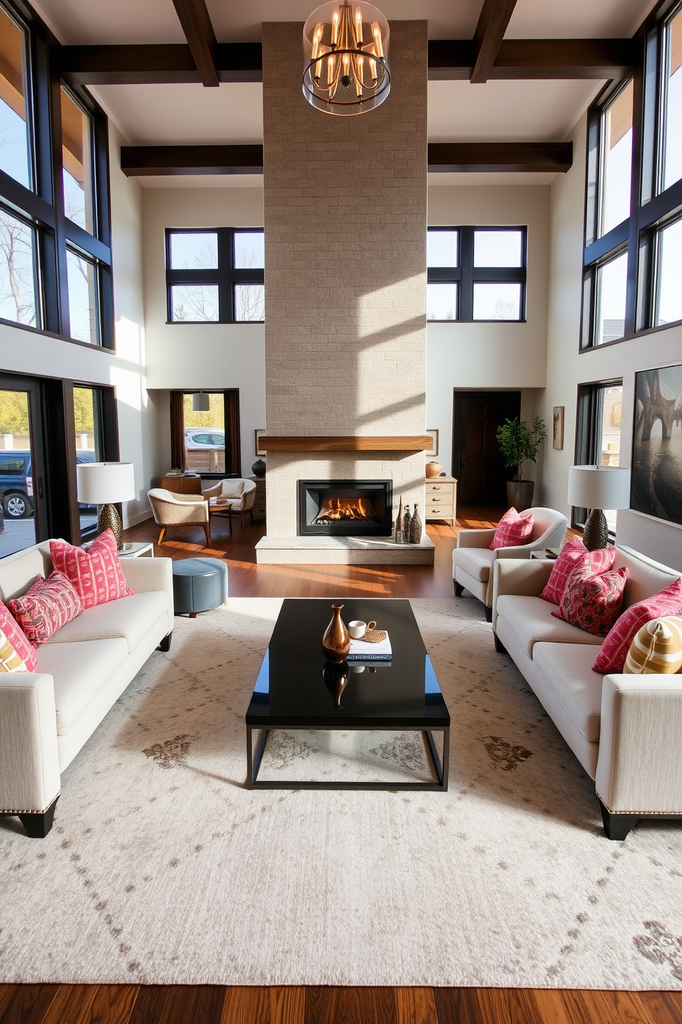 Open concept living room featuring a central fireplace as the focal point. The space is adorned with plush sofas in neutral tones, accented by colorful throw pillows and a large area rug that ties the room together. Natural light floods the room through expansive windows, highlighting the elegant decor. A sleek coffee table sits in front of the seating area, complemented by stylish side tables and tasteful artwork on the walls.