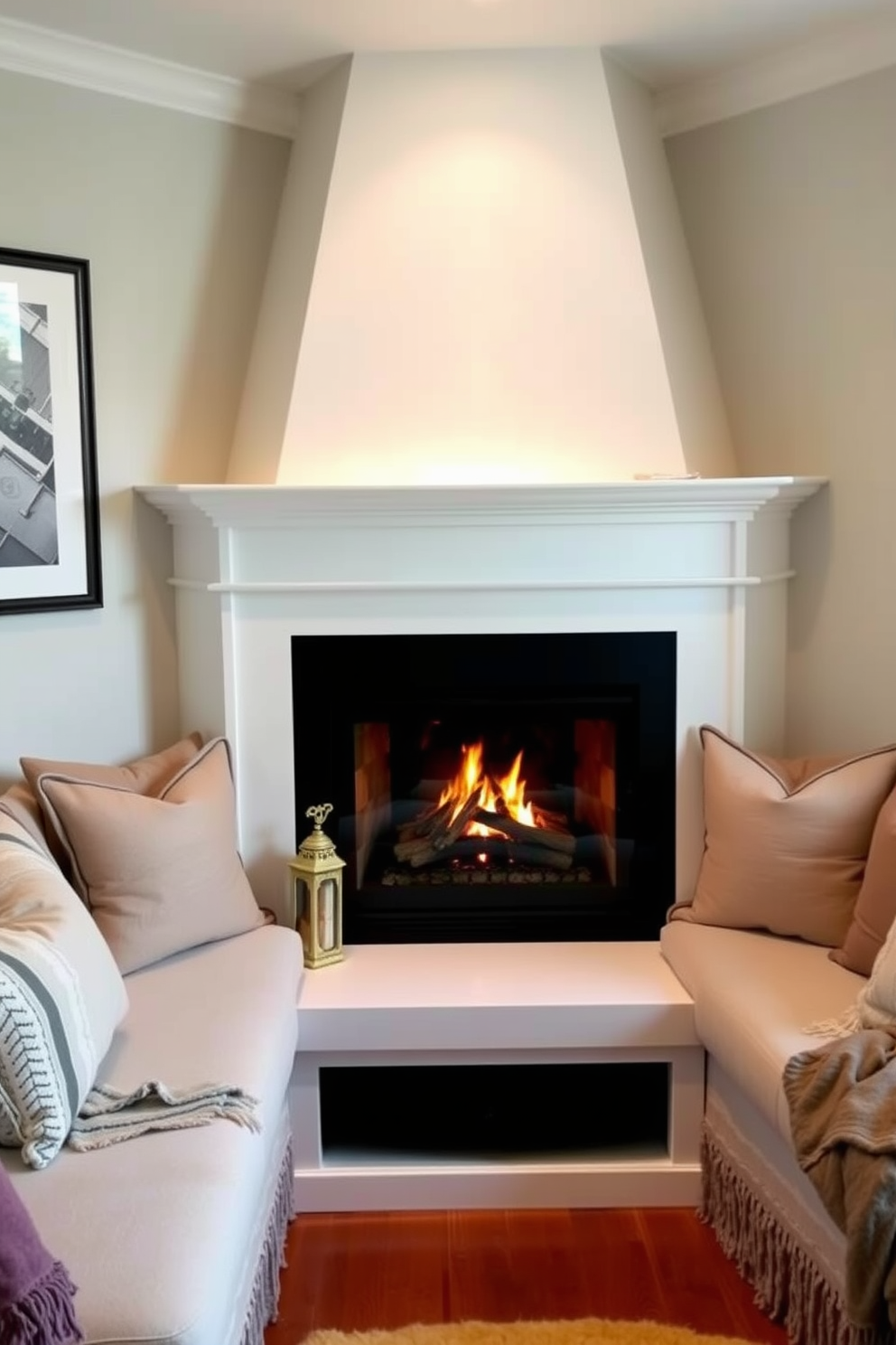 Cozy corner fireplace with built-in seating. The fireplace is surrounded by comfortable cushions and soft throws, creating an inviting atmosphere perfect for relaxation.