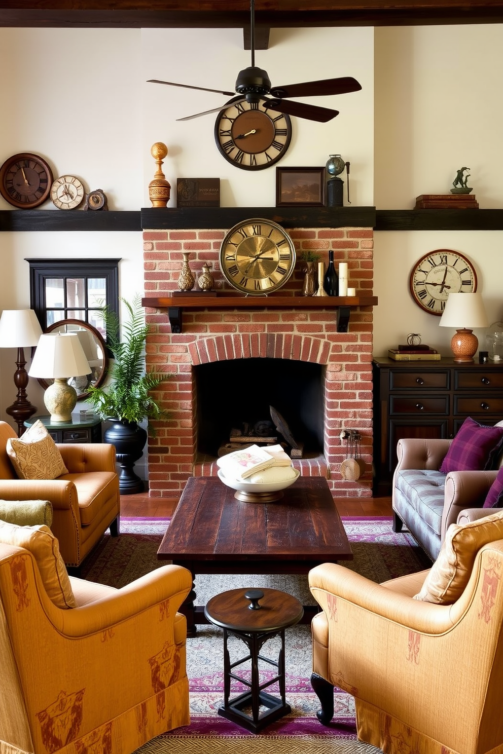 A traditional brick fireplace serves as the focal point of the living room, surrounded by vintage decor that adds character and warmth. Plush armchairs in rich fabrics are arranged around a rustic wooden coffee table, inviting cozy gatherings and conversations.